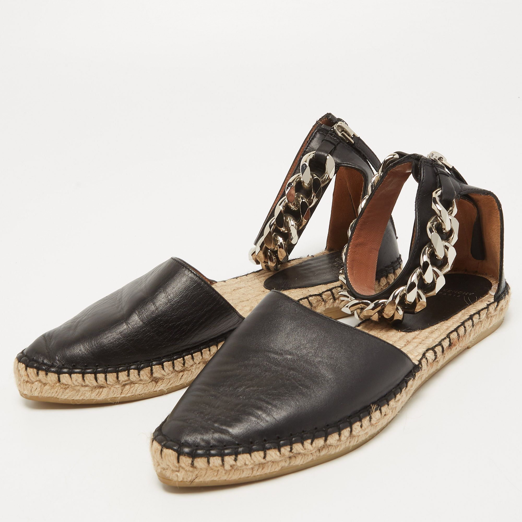 

Givenchy Black Leather Chain Ankle Strap Espadrille Flats Size