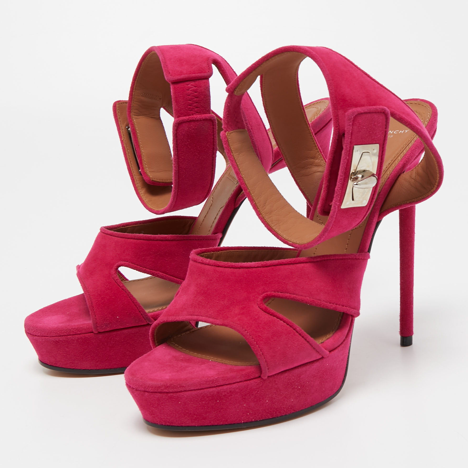 

Givenchy Pink Suede Shark Lock Platform Ankle Strap Sandals Size