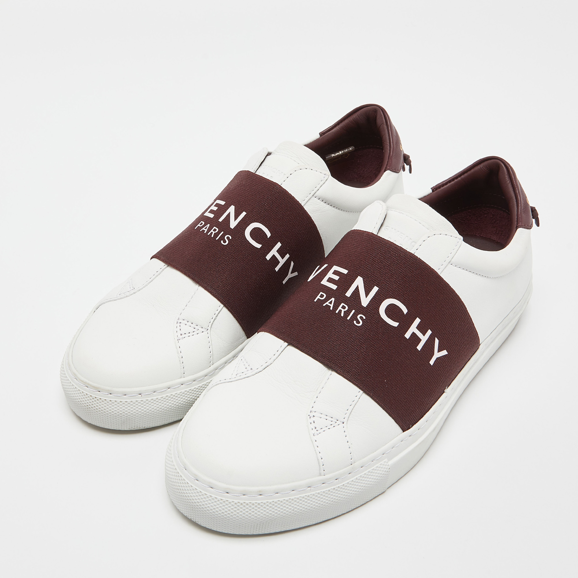 

Givenchy White/Burgundy Leather and Logo Stretch Band Urban Street Slip On Sneakers Size