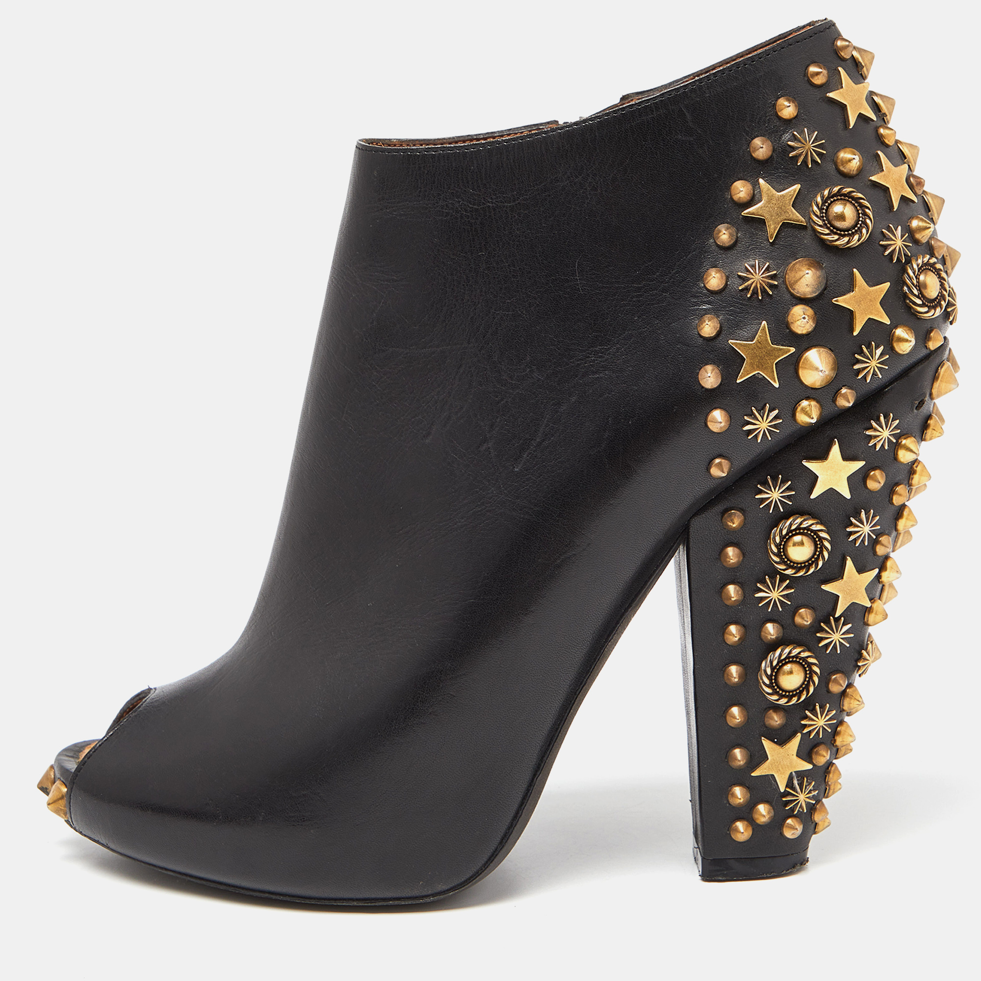 

Givenchy Black Leather Studded Peep Toe Ankle Booties Size