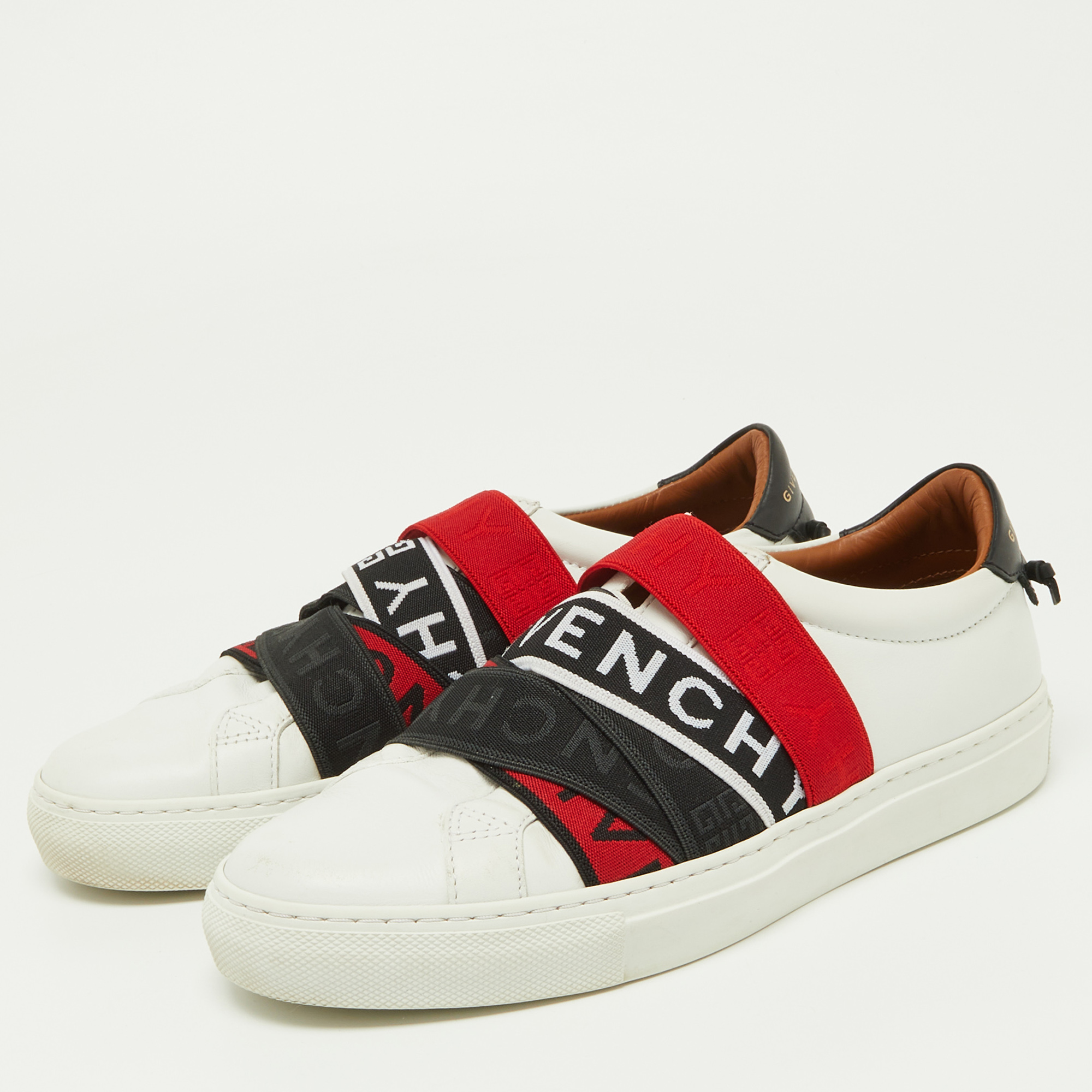 

Givenchy White/Red Leather and Logo Stretch Band Urban Street Slip On Sneakers Size