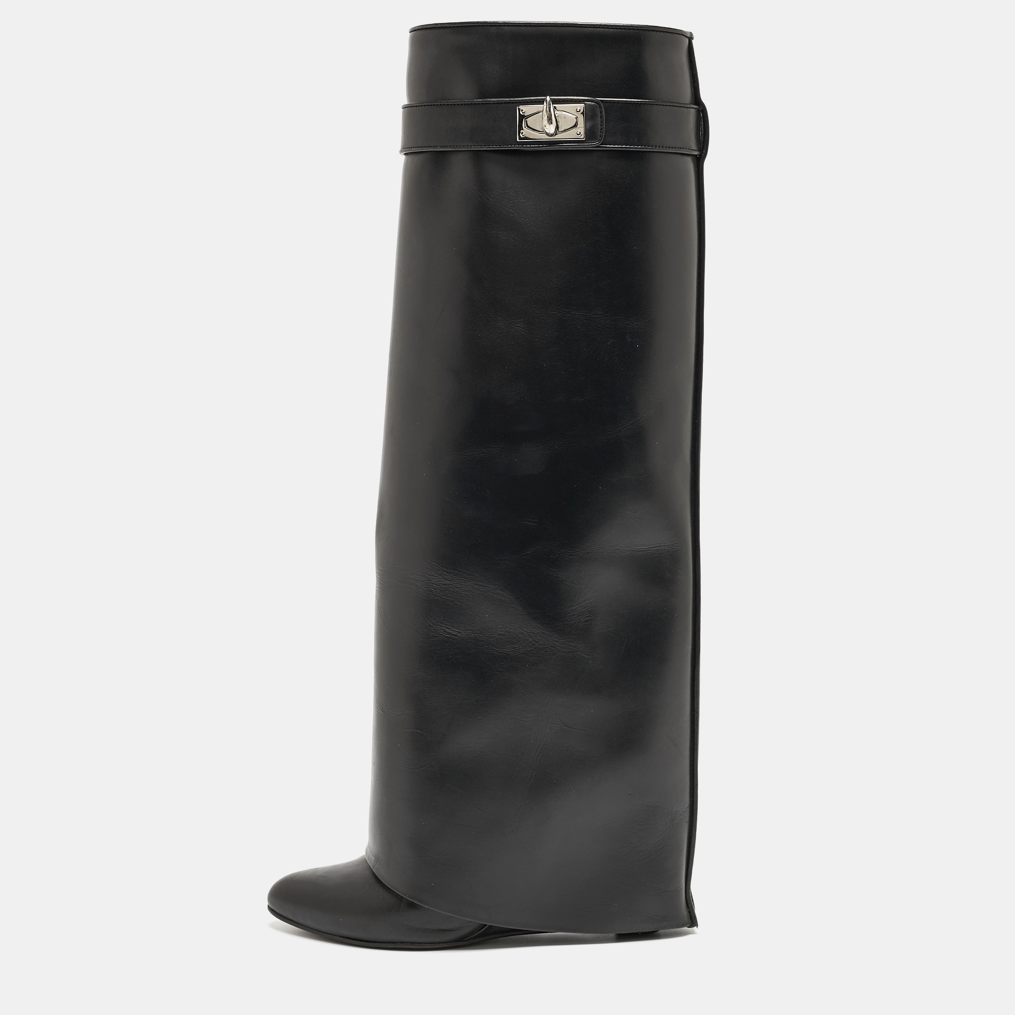 Pre-owned Givenchy Black Leather Shark Lock Knee Length Boots Size 36.5