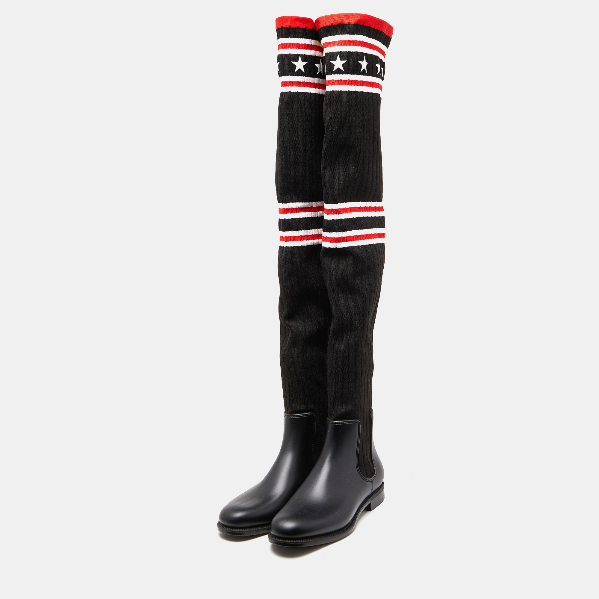 

Givenchy Black Knit Fabric and Rubber Over The Knee Boots Size