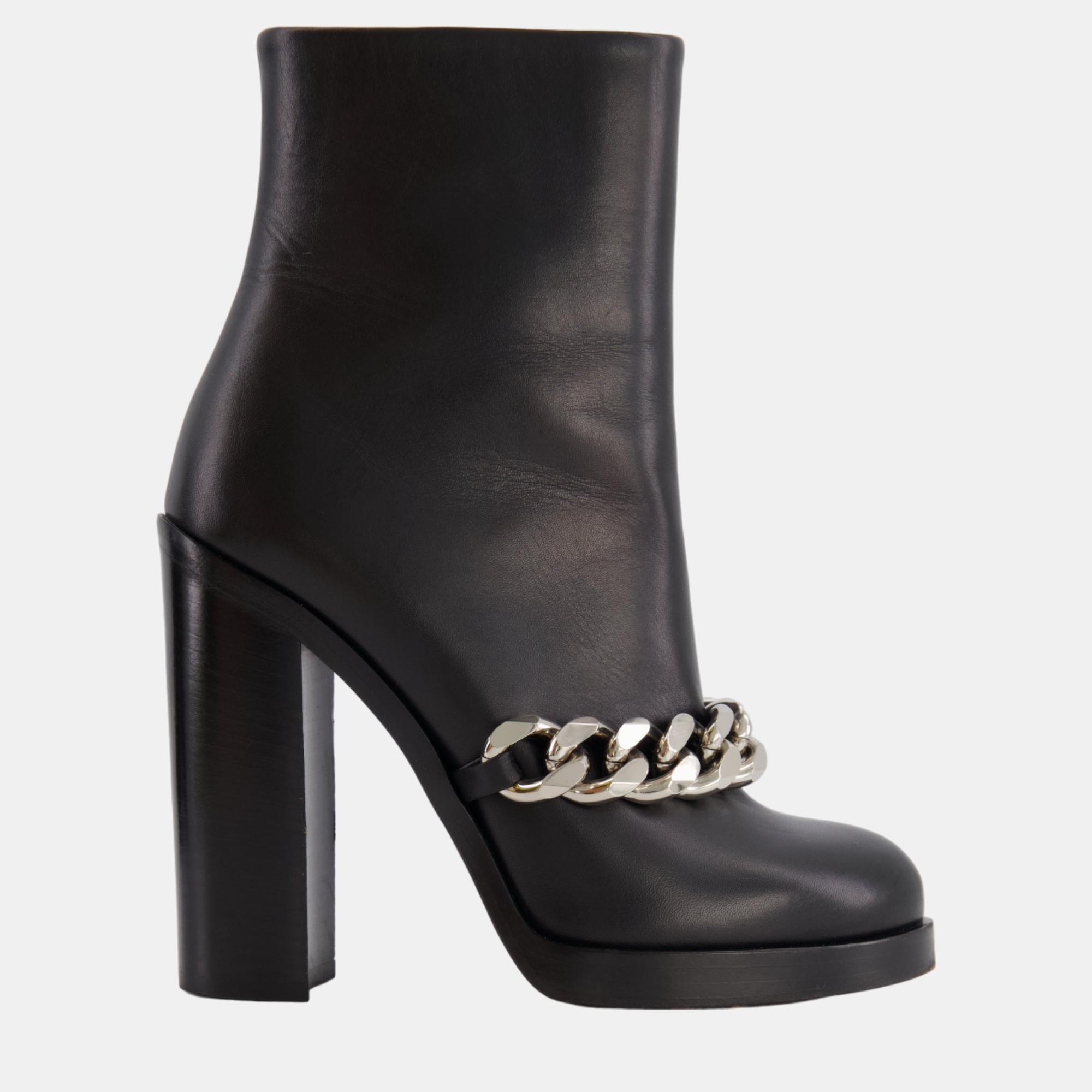 

Givenchy Black Leather Heeled Boots with Silver Chain Detail Size EU
