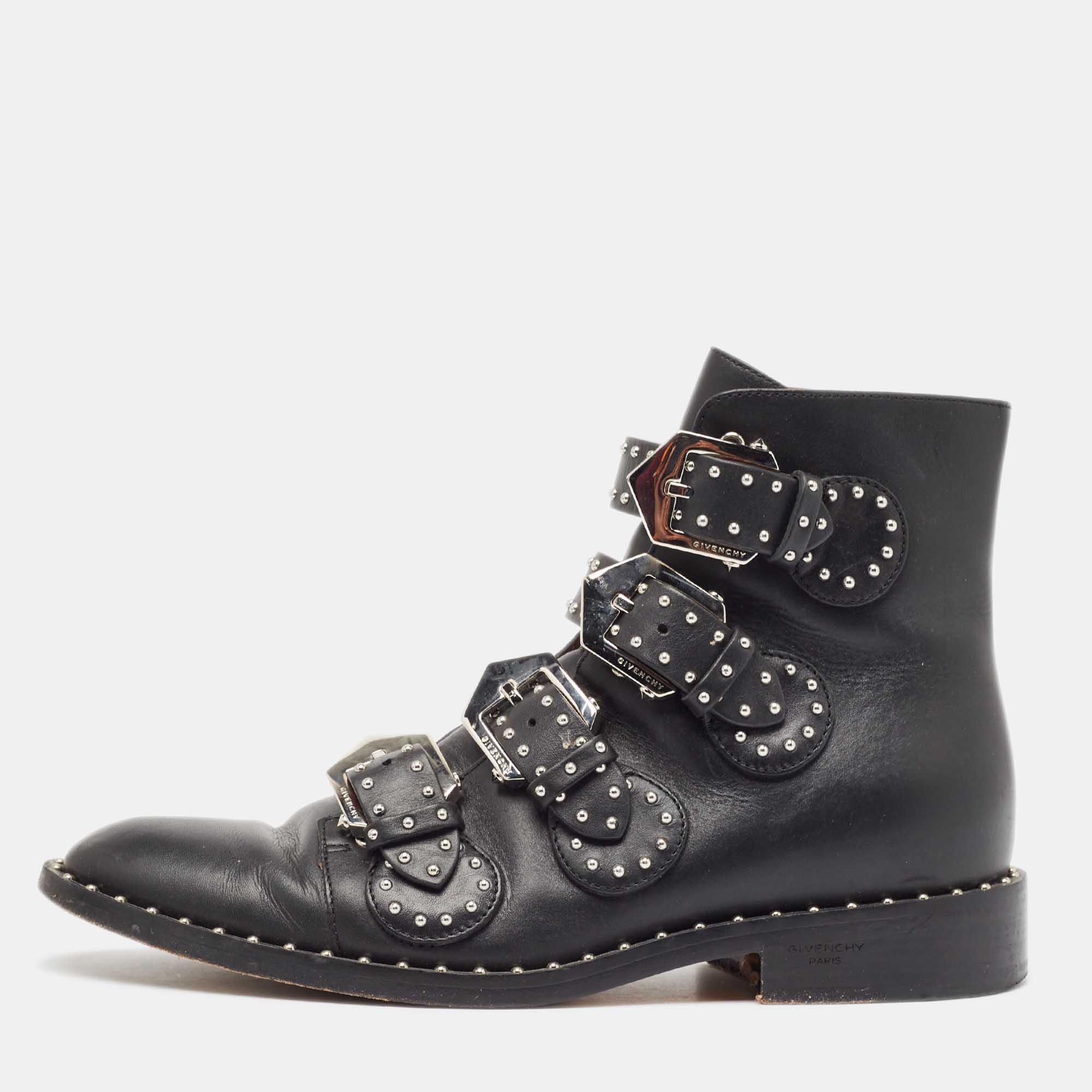 

Givenchy Black Leather Studded Buckle Detail Ankle Boots Size
