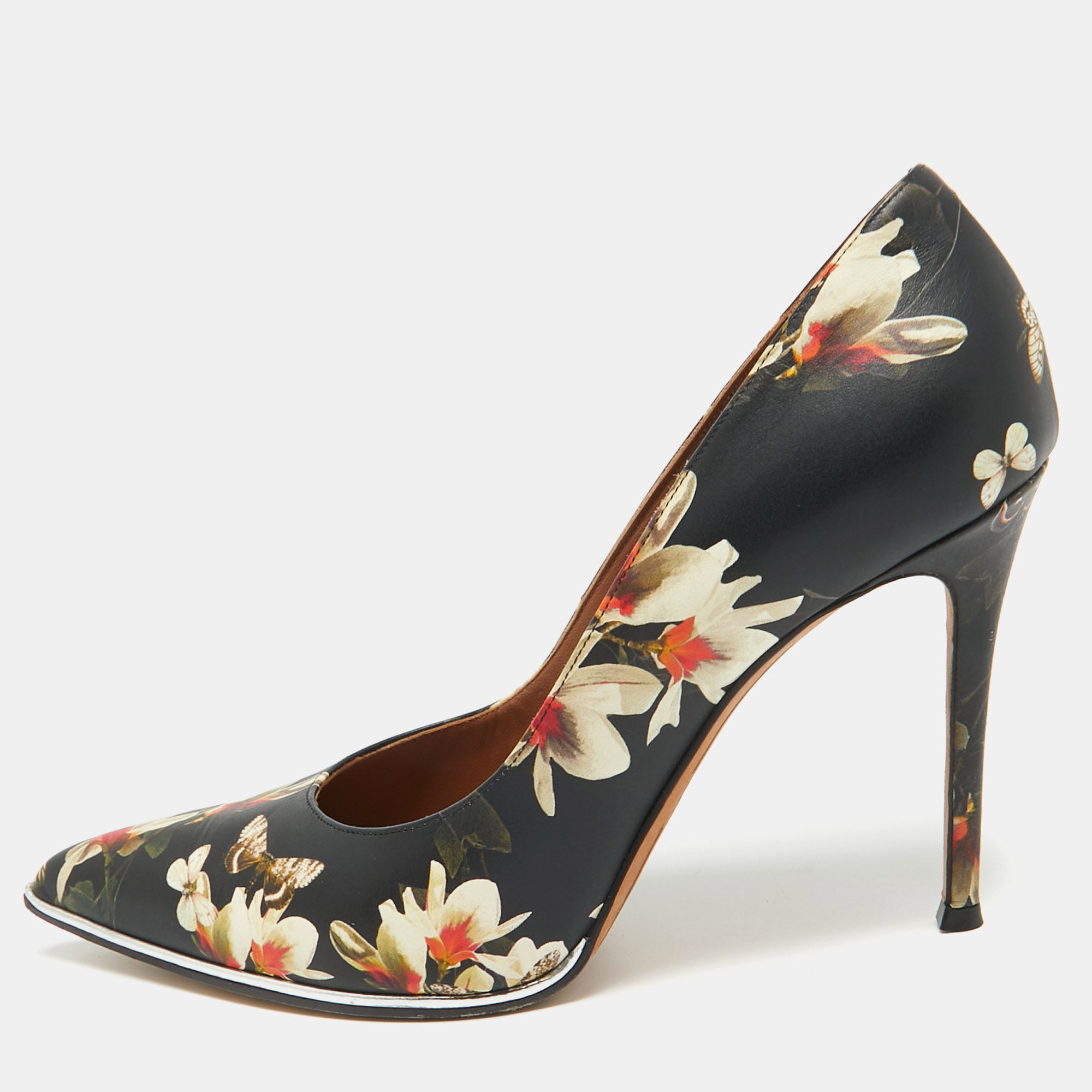 Pre-owned Givenchy Black Floral And Butterfly Print Leather Pointed Toe Pumps Size 41