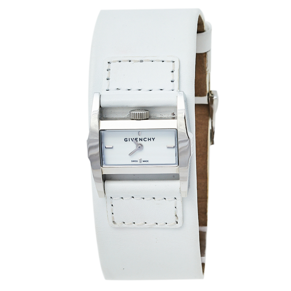 Pre-owned Givenchy White Stainless Steel Leather Gv.5201l Quartz Women's Wristwatch 27 Mm