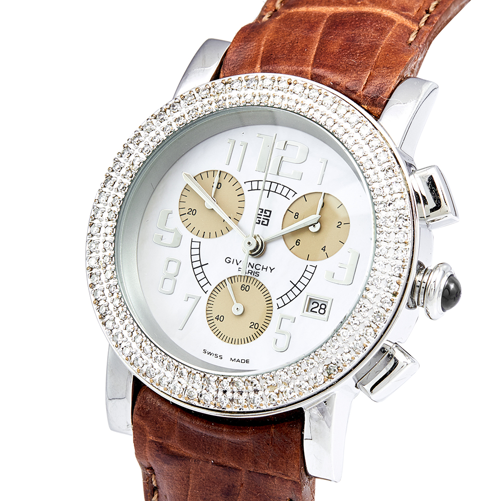 

Givenchy Mother of Pearl Stainless Steel Leather Diamond Saqqhara Chrono REG.97678884 Women's Wristwatch, Cream
