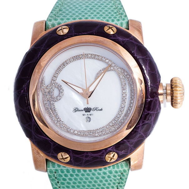 Pre Owned Glam Rock White Gold-Plated Steel Miami GR10529 Women's Wristwatch 46MM
