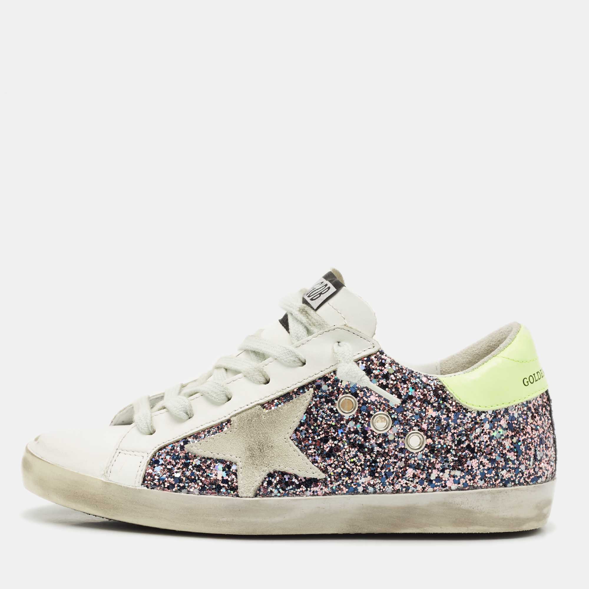 

Golden Goose Multicolor Glitter and Leather Super Star Sneakers Size