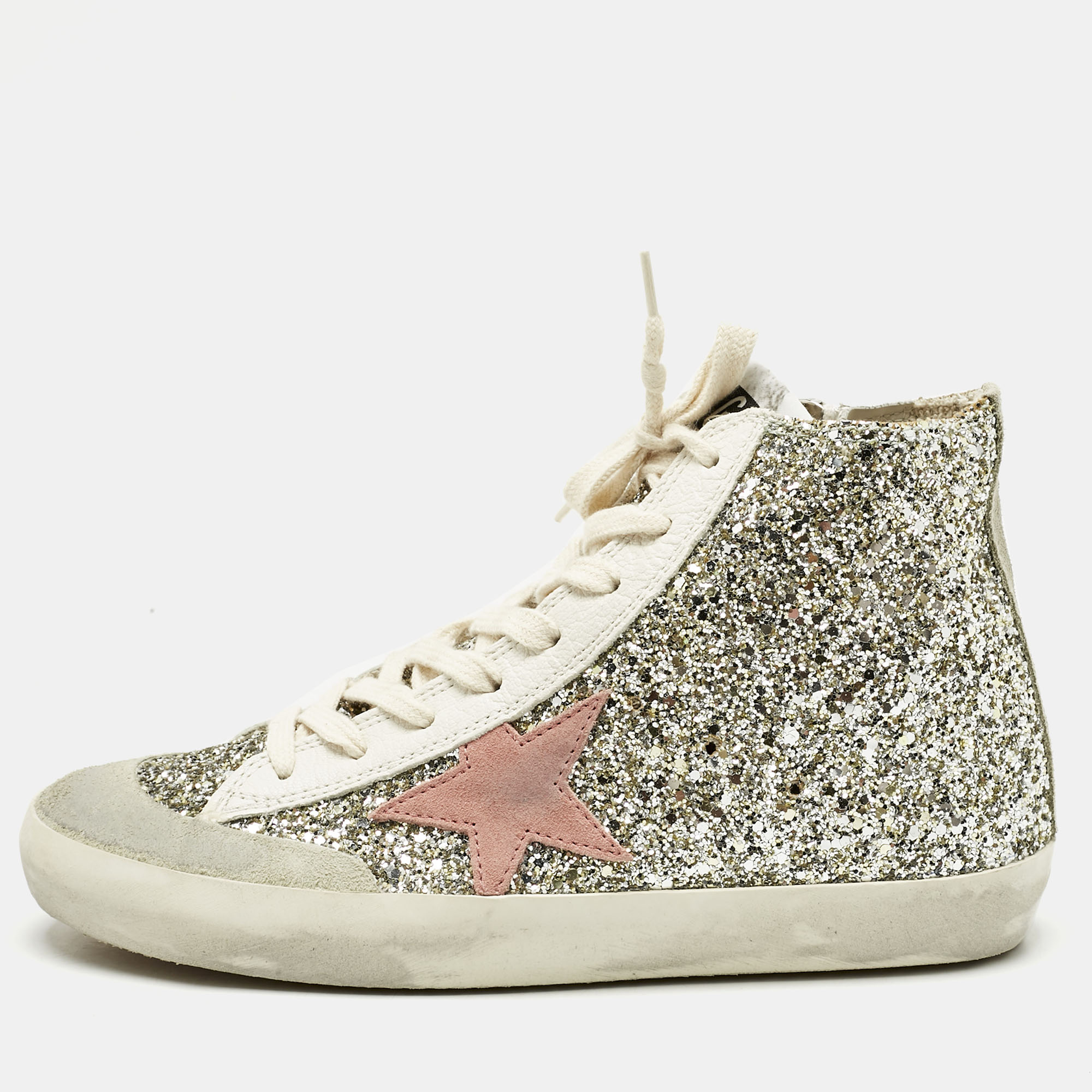 

Golden Goose Silver/White Glitter and Leather Francy Sneakers Size
