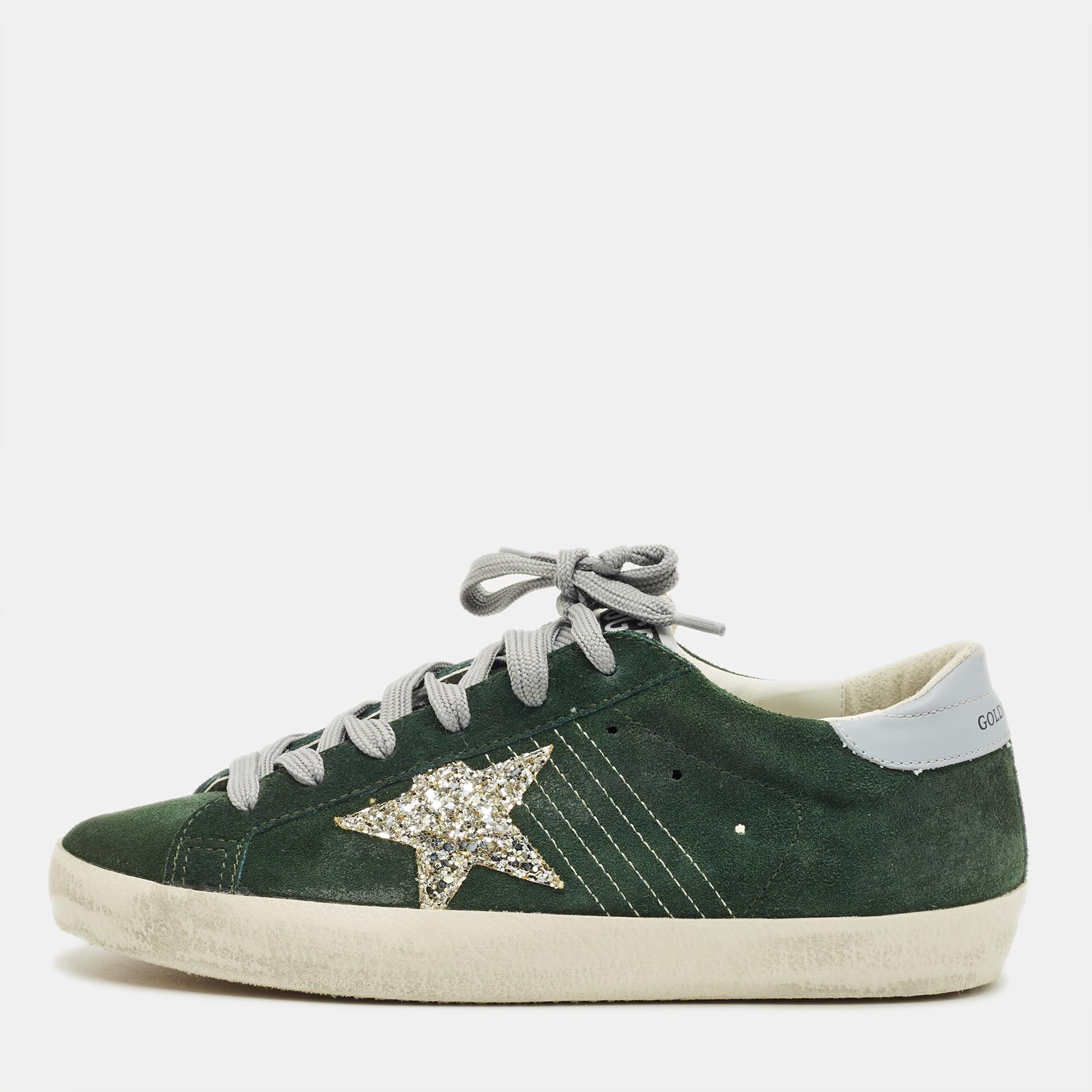 Pre-owned Golden Goose Superstar Size 38 Green Leather Lace Up Sneakers