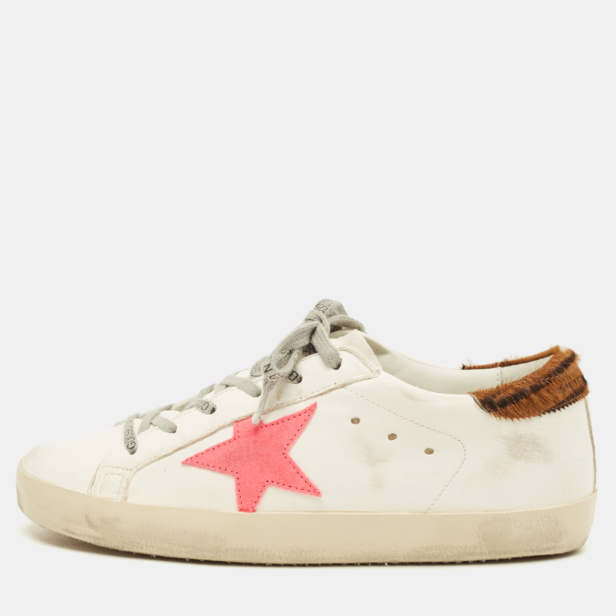 Pre-owned Golden Goose Superstar Size 38 White Calf Hair And Leather Lace Up Sneakers