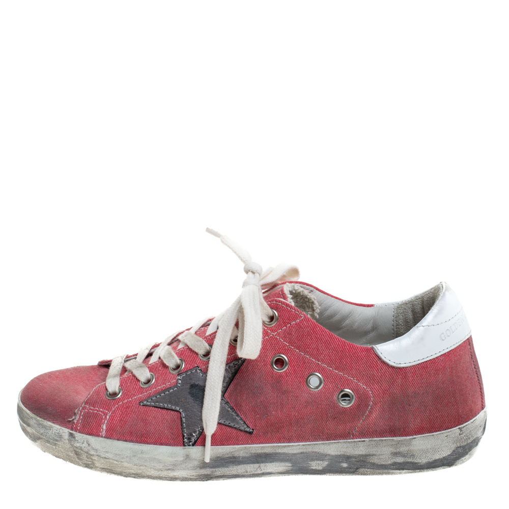 

Golden Goose Pink Canvas And Leather Distressed Low Top Sneakers Size