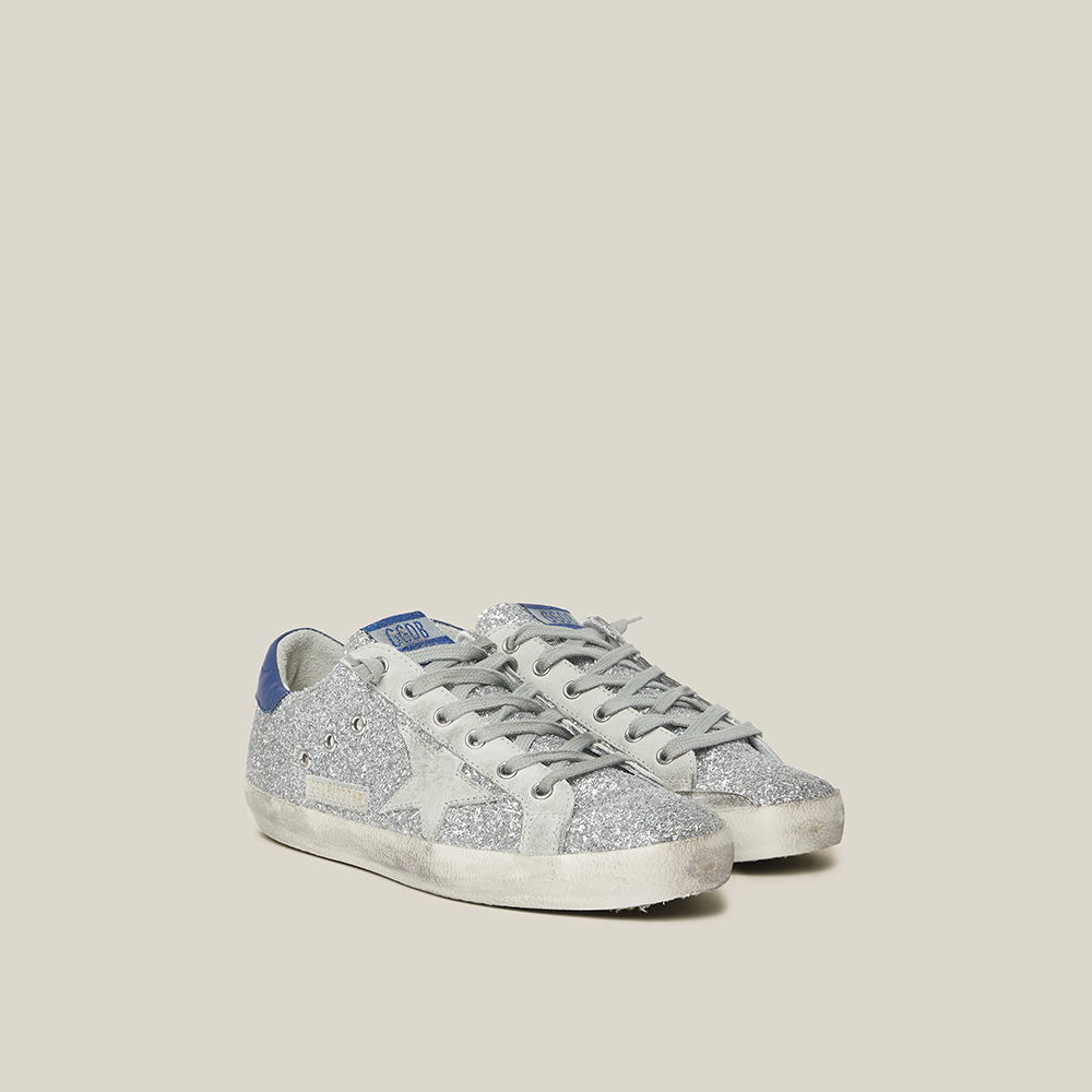 

Golden Goose Deluxe Brand Metallic Superstar Silver Glitter Navy Tab Leather Sneakers Size IT 35