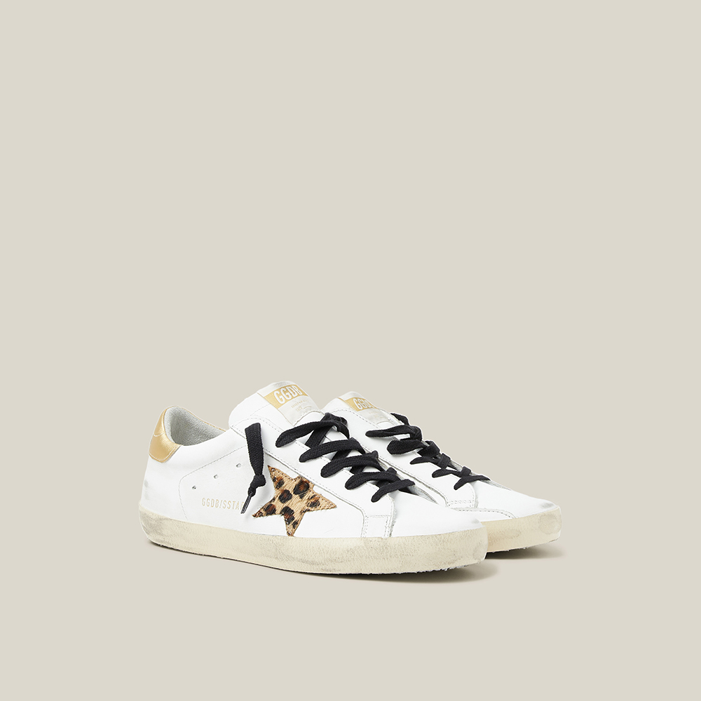 

Golden Goose Deluxe Brand White White Metallic Tab Leopard Star Superstar Size IT