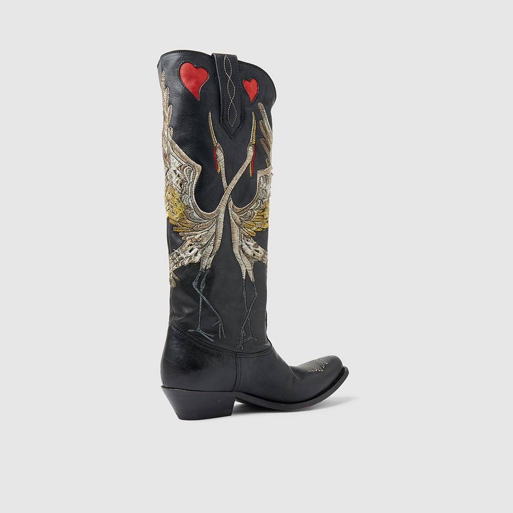 

Golden Goose Deluxe Brand Black Wish Star Low Heel Embroidered Leather Boots IT