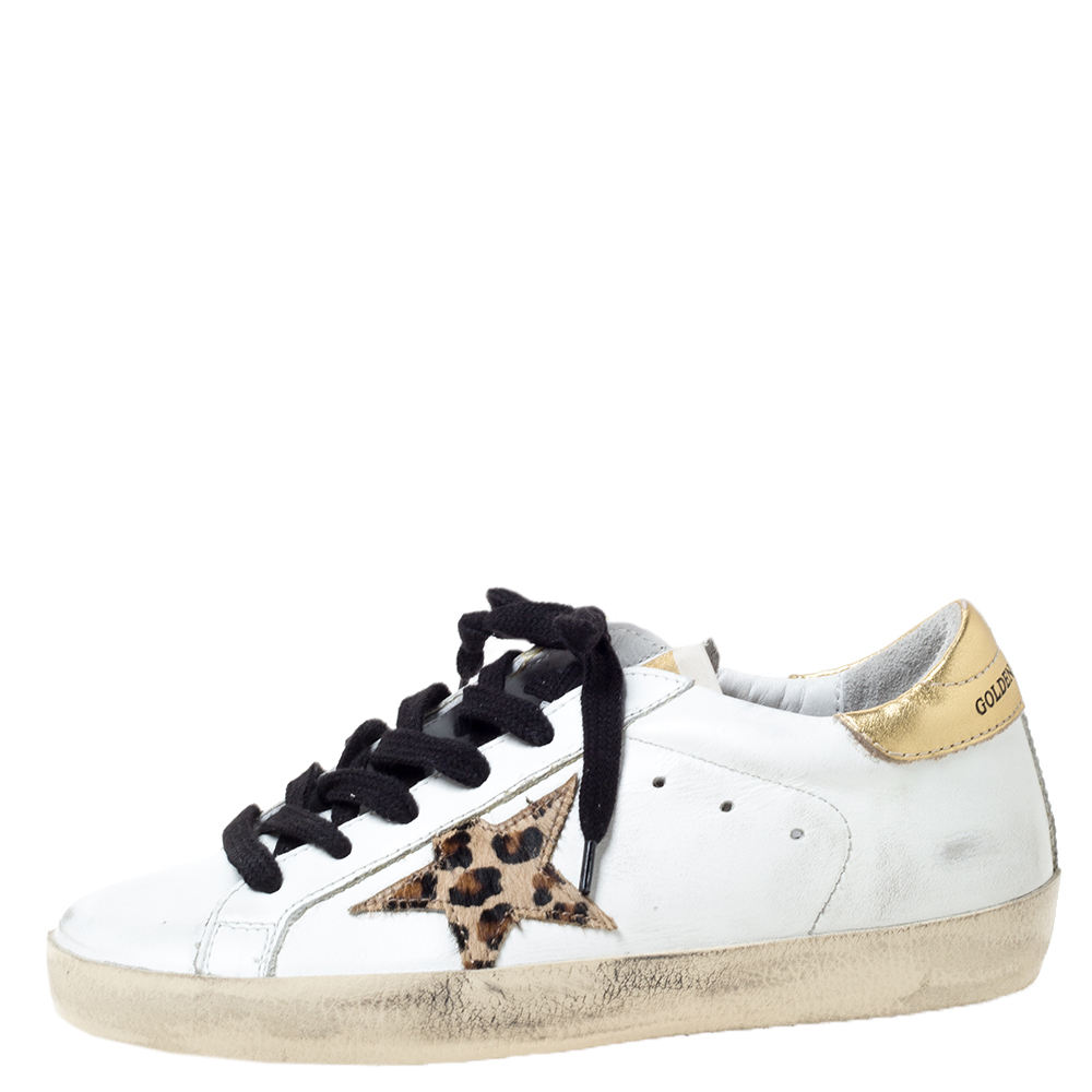 

Golden Goose Deluxe Brand White Leather Gold Metallic Tab Leopard Star Superstar Size