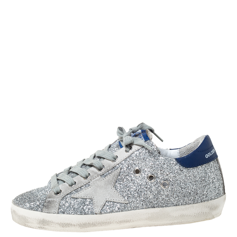 

Golden Goose Deluxe Brand Silver Glitter Leather And Grey Suede Star Sneakers Size