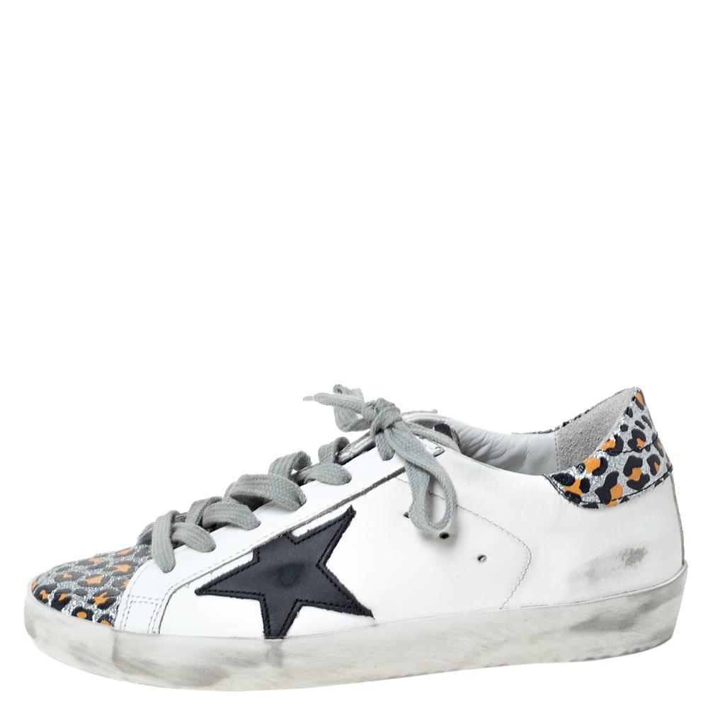 

Golden Goose Deluxe Brand White Leather And Leopard Print Leather Superstar Sneakers Size