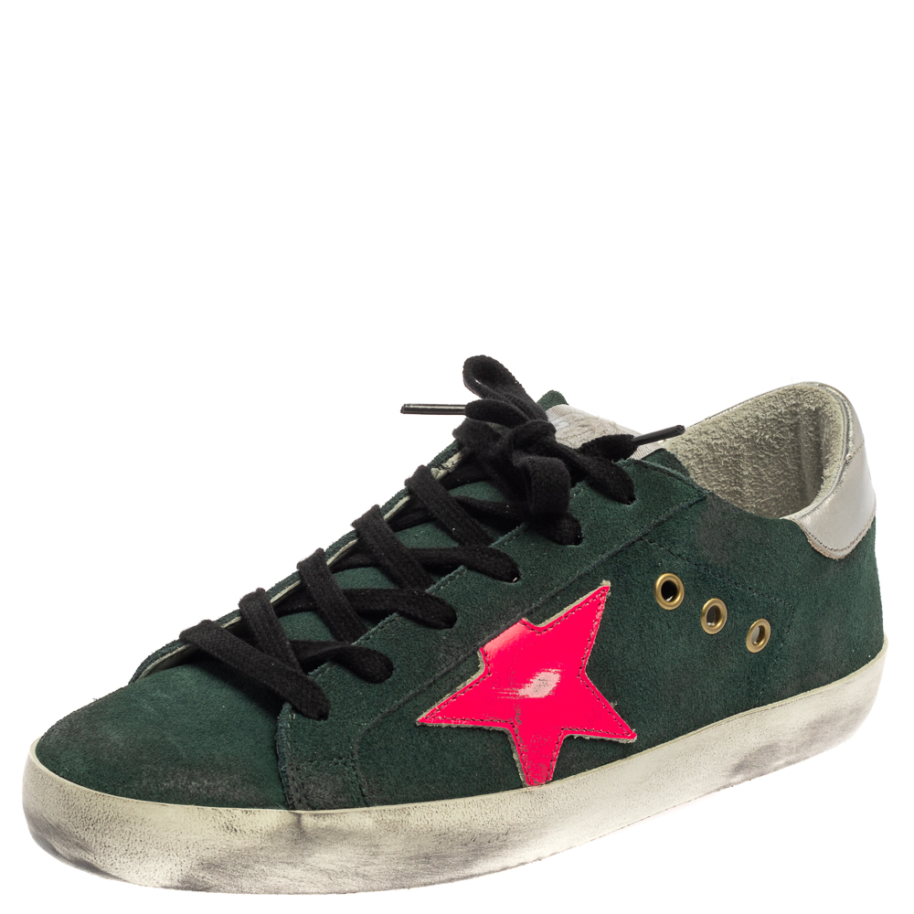 Pre-owned Golden Goose Green/pink Suede Low-top Superstar Trainer Size 38