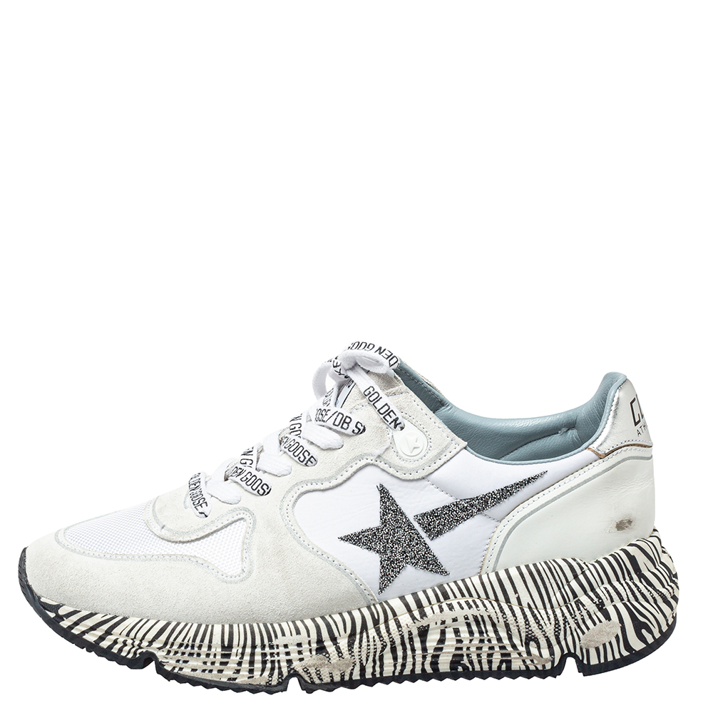

Golden Goose White Leather And Mesh Running Sole Crystal Star Zebra Print Sole Low Top Sneakers Size