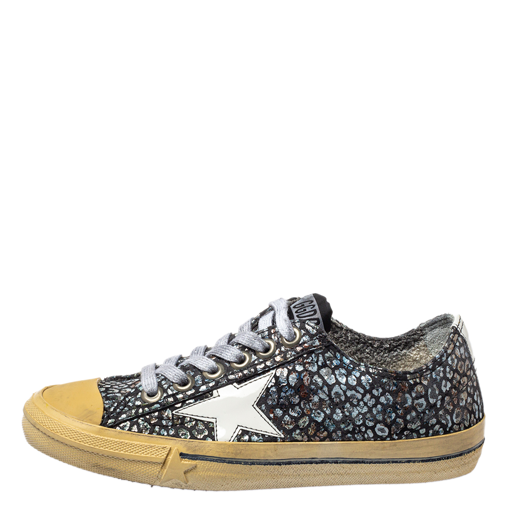 

Golden Goose Grey/White Patent Leather And Glitter Vstar 2 Sneakers Size