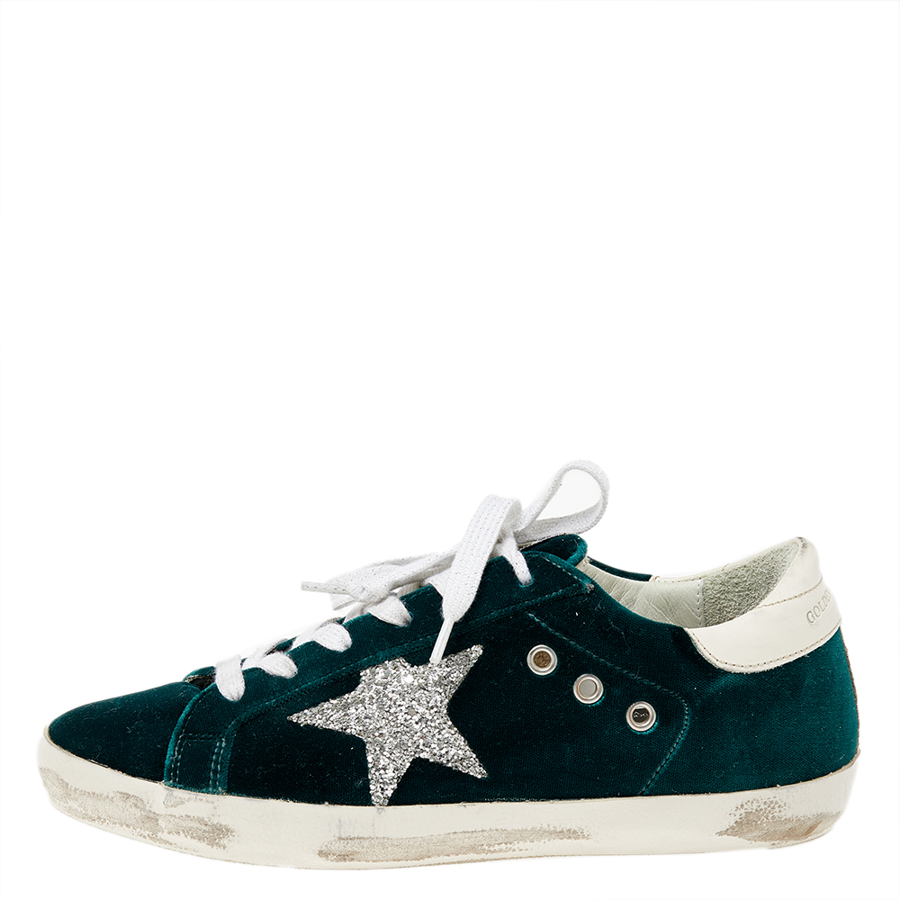 

Golden Goose Green/White Velvet And Leather SuperStar Low Top Sneakers Size