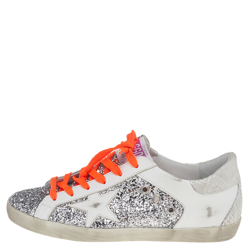 

Golden Goose White Leather And Glitter Superstar Double Quarter Sneakers Size