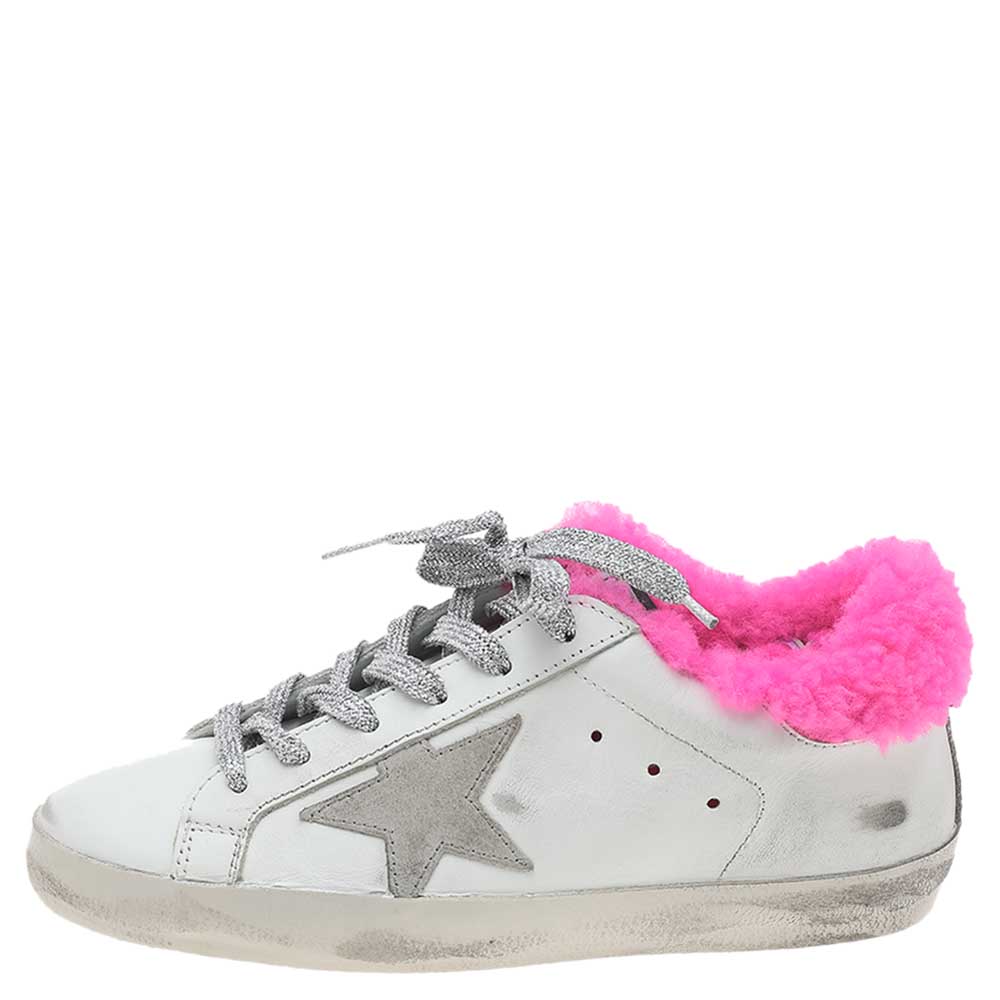 

Golden Goose White/Pink Leather And Fur Super Star Low Top Sneakers Size