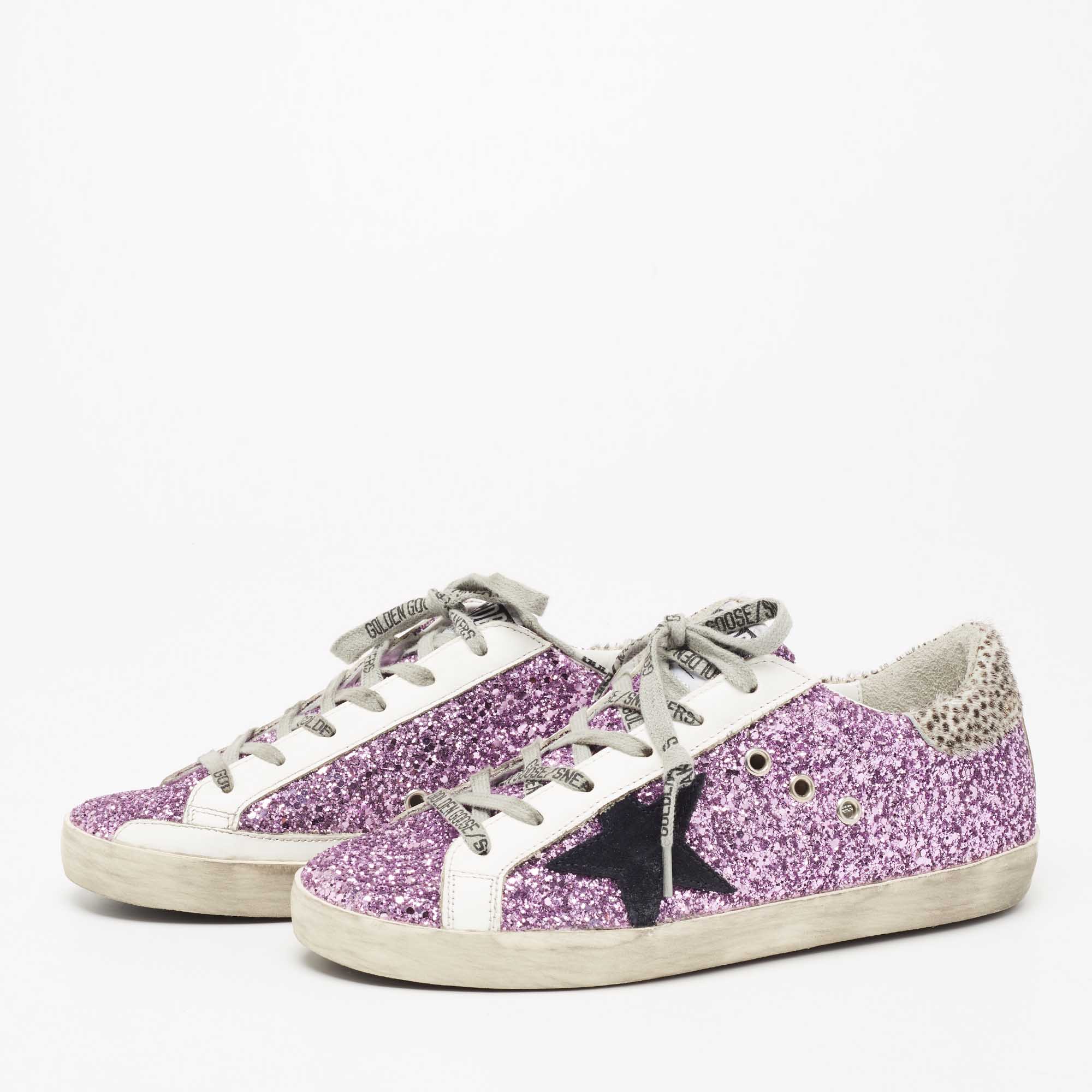 

Golden Goose Purple Glitter And Leather Superstar Low Top Sneakers Size