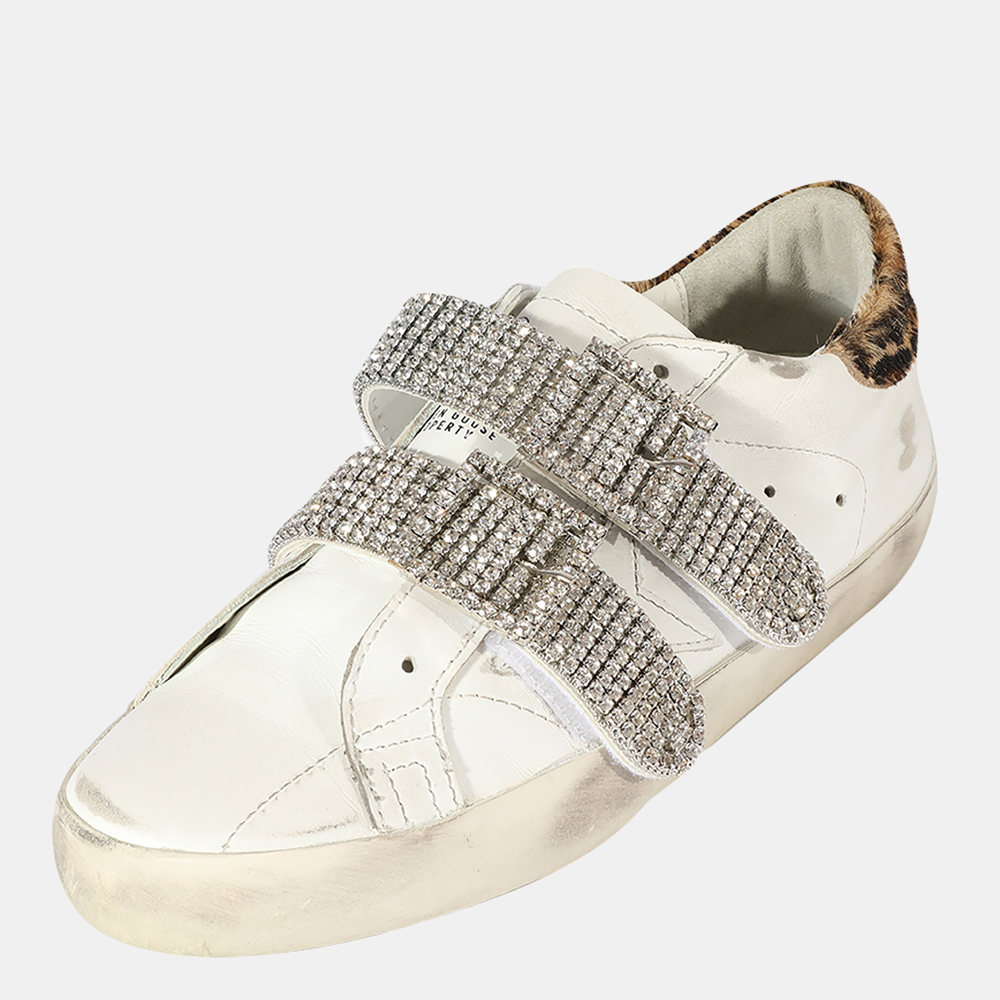 

Golden Goose White/Silver Crystal Buckle Leopard Print trim Superstar Sneaker EU