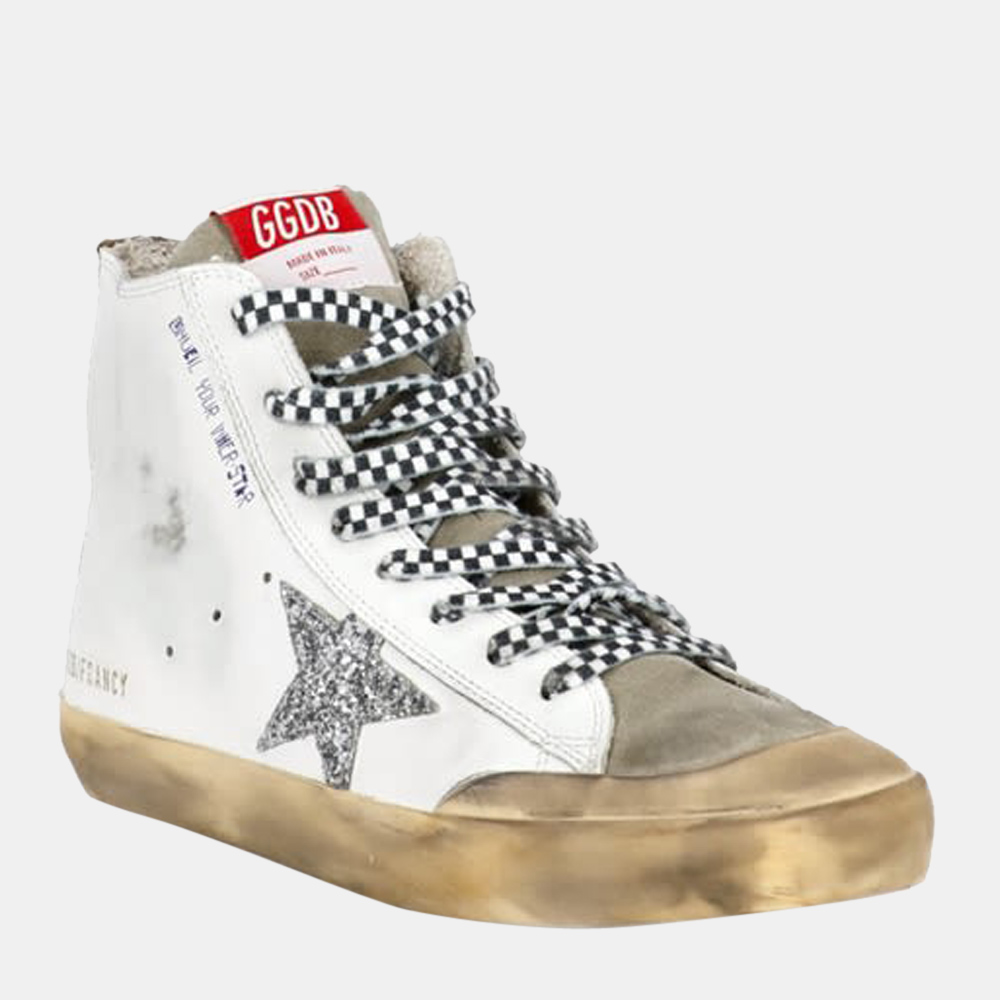 

Golden Goose White/Brown Leather Glitter Francy High Top Sneakers Size EU