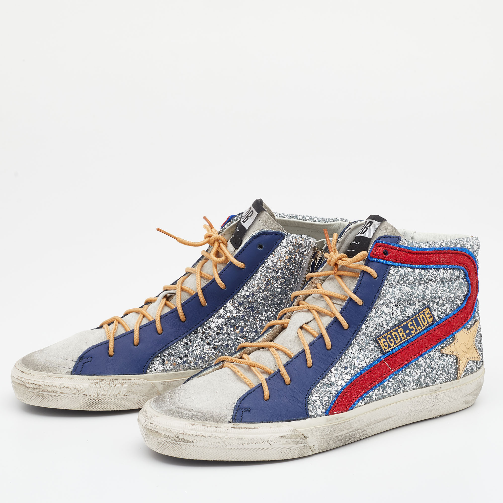 

Golden Goose Multicolor Suede And Glitter GGDB Slide High Top Sneakers Size