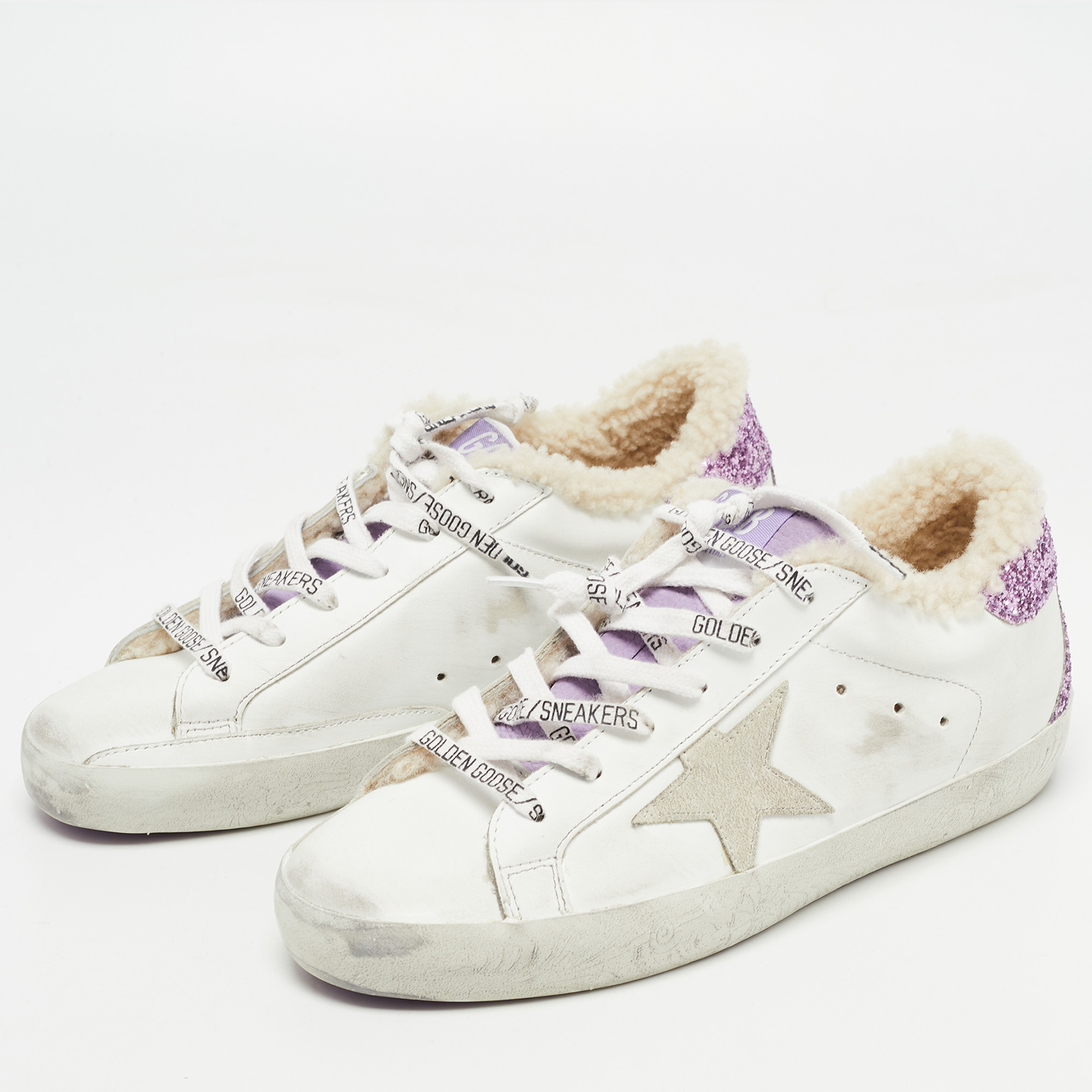 

Golden Goose White/Purple Leather and Glitter Super Star Sneakers Size