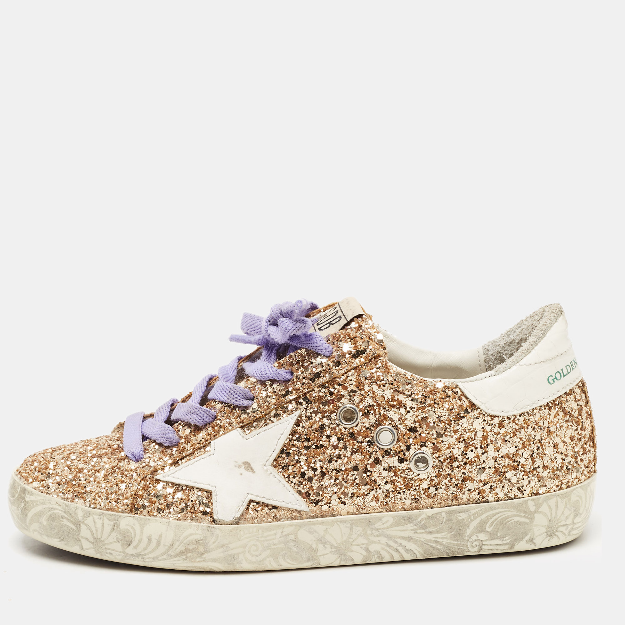 Pre Owned Golden Goose Gold Coarse Glitter Superstar Sneakers Size 36