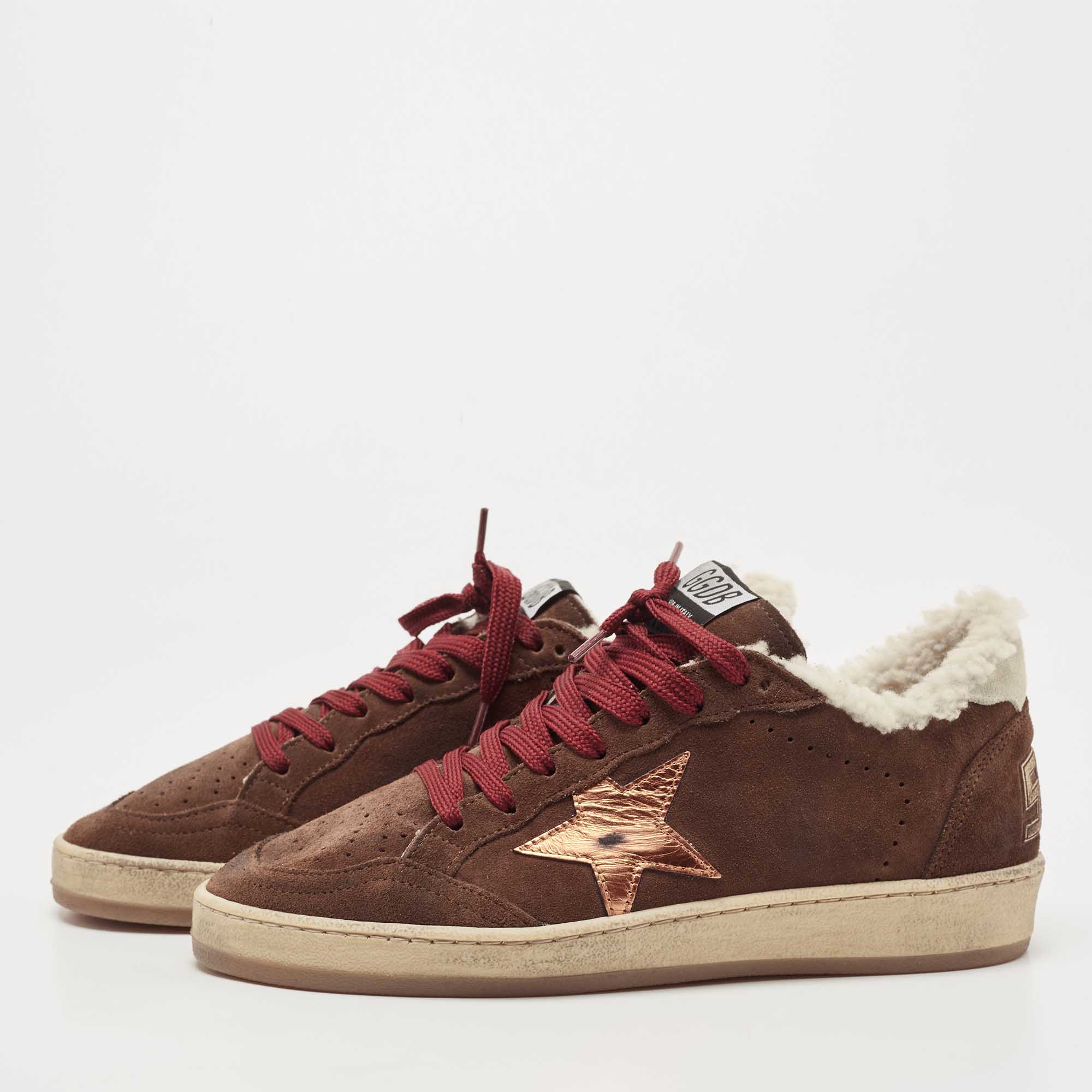 

Golden Goose Brown Suede and Fur Ball Star Low Top Sneakers Size