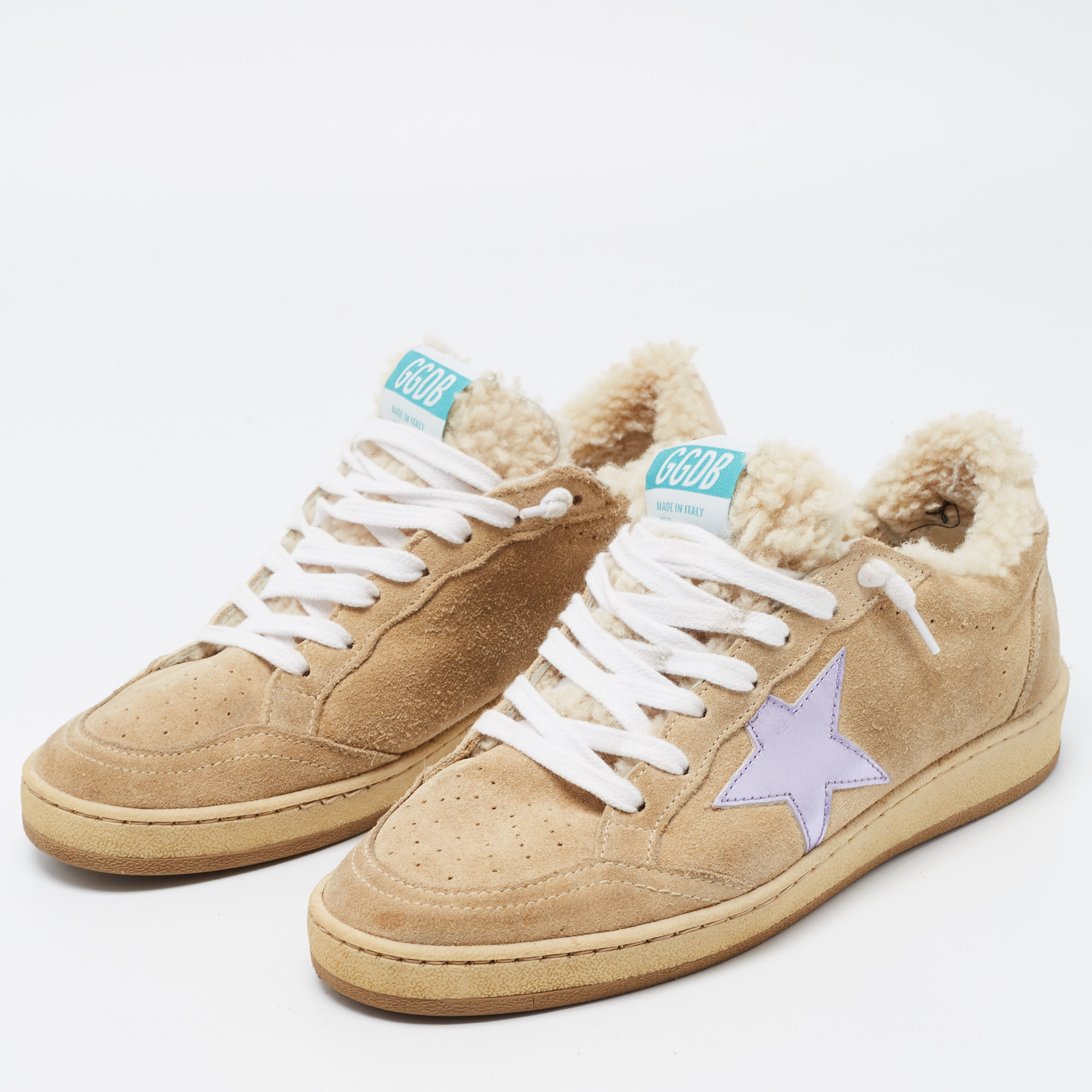 

Golden Goose Beige Suede and Fur Ball Star Low Top Sneakers Size