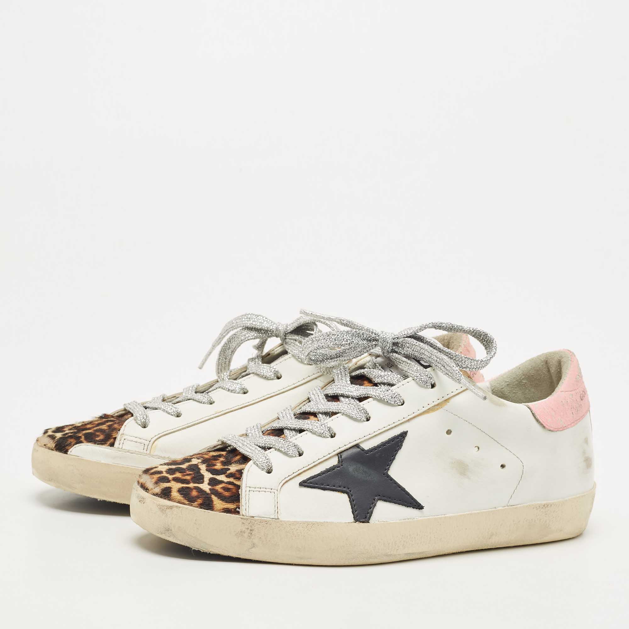 

Golden Goose White/Pink Leather and Calf Hair Leopard Print Hi Star Sneakers Size, Multicolor