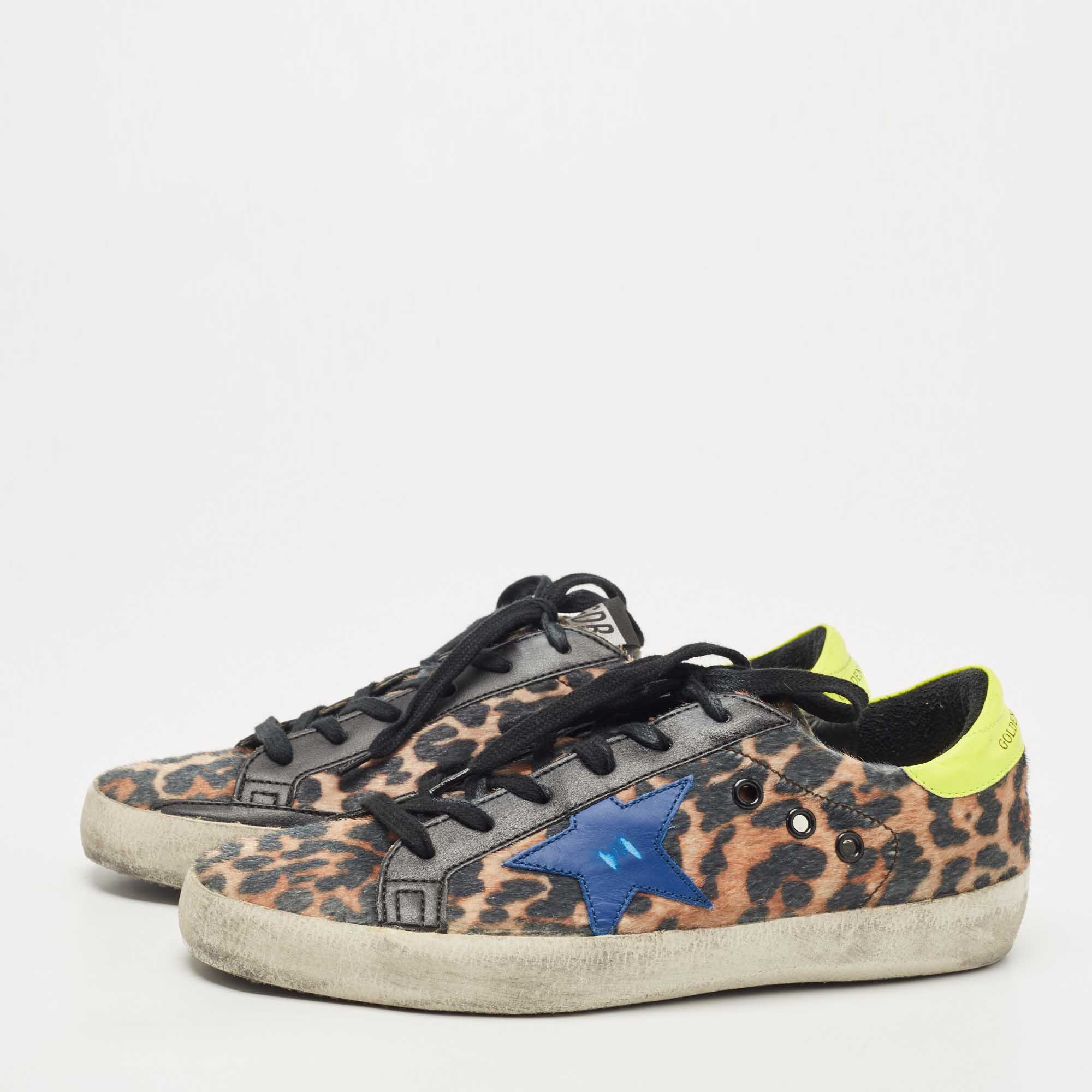 

Golden Goose Multicolor Leopard Print Calf Hair Superstar Distressed Lace Up Sneakers Size