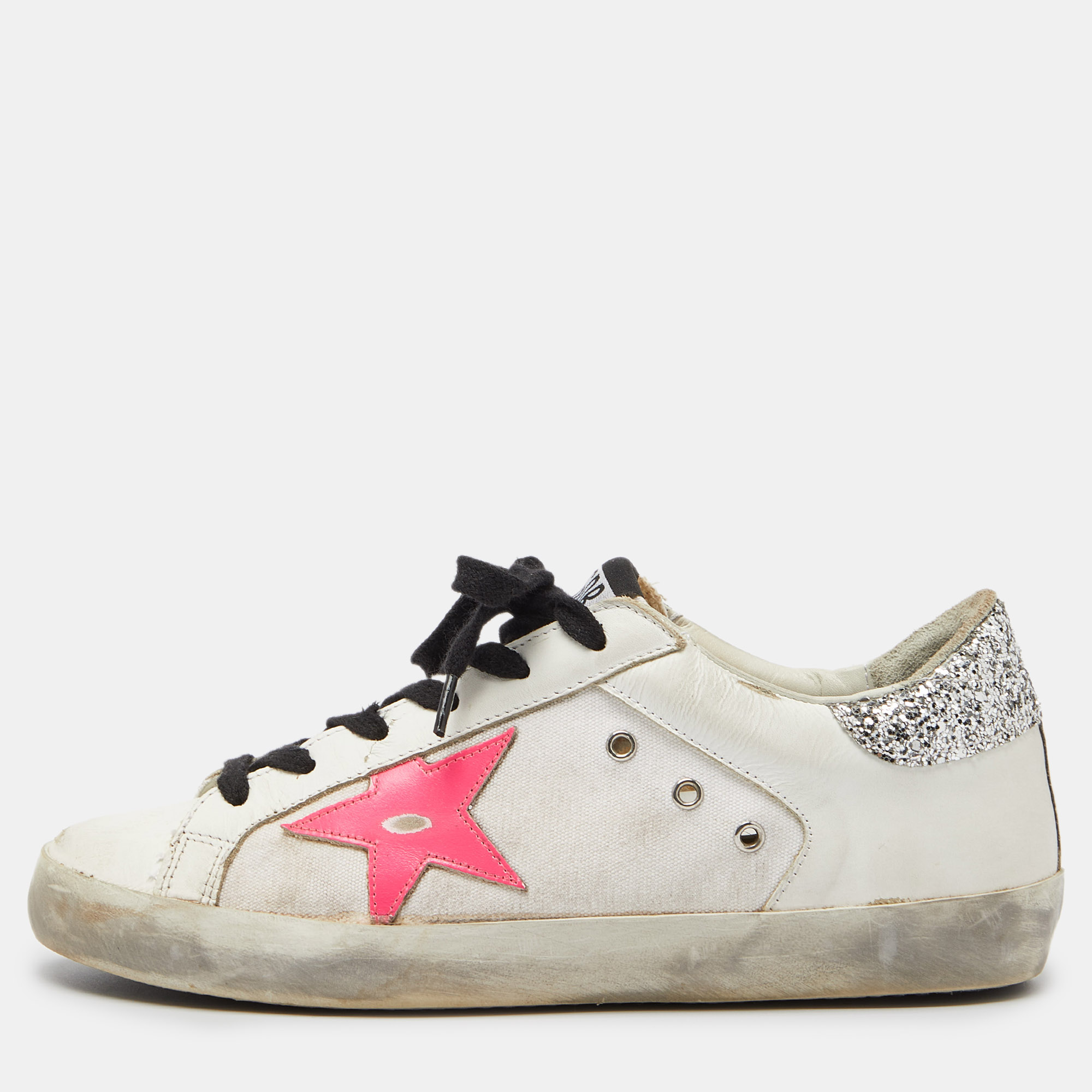 

Golden Goose Tri Color Leather,Canvas and Glitter Superstar Low Top Sneakers Size, Multicolor