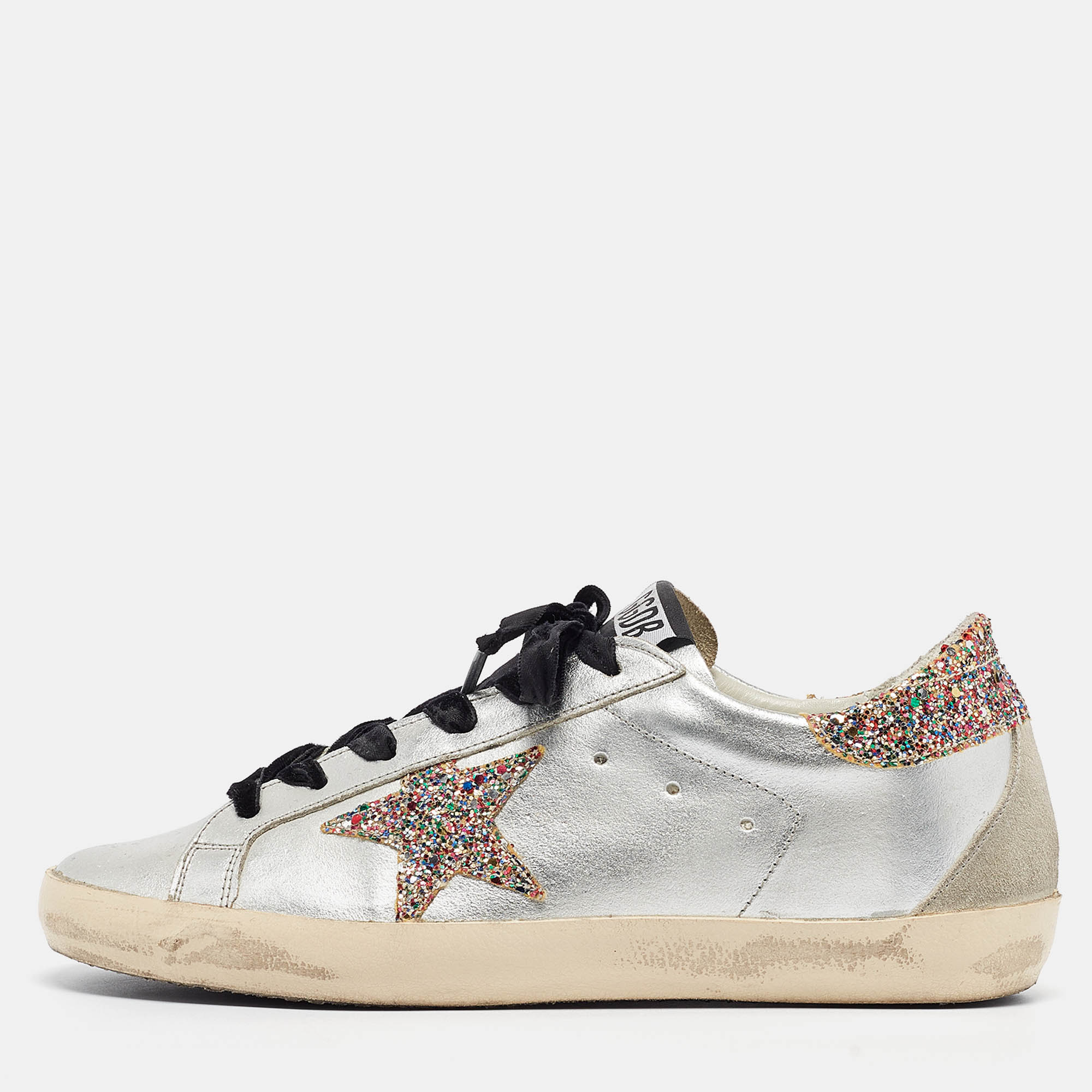 

Golden Goose Sliver Leather and Glitter Superstar Sneakers Size, Silver