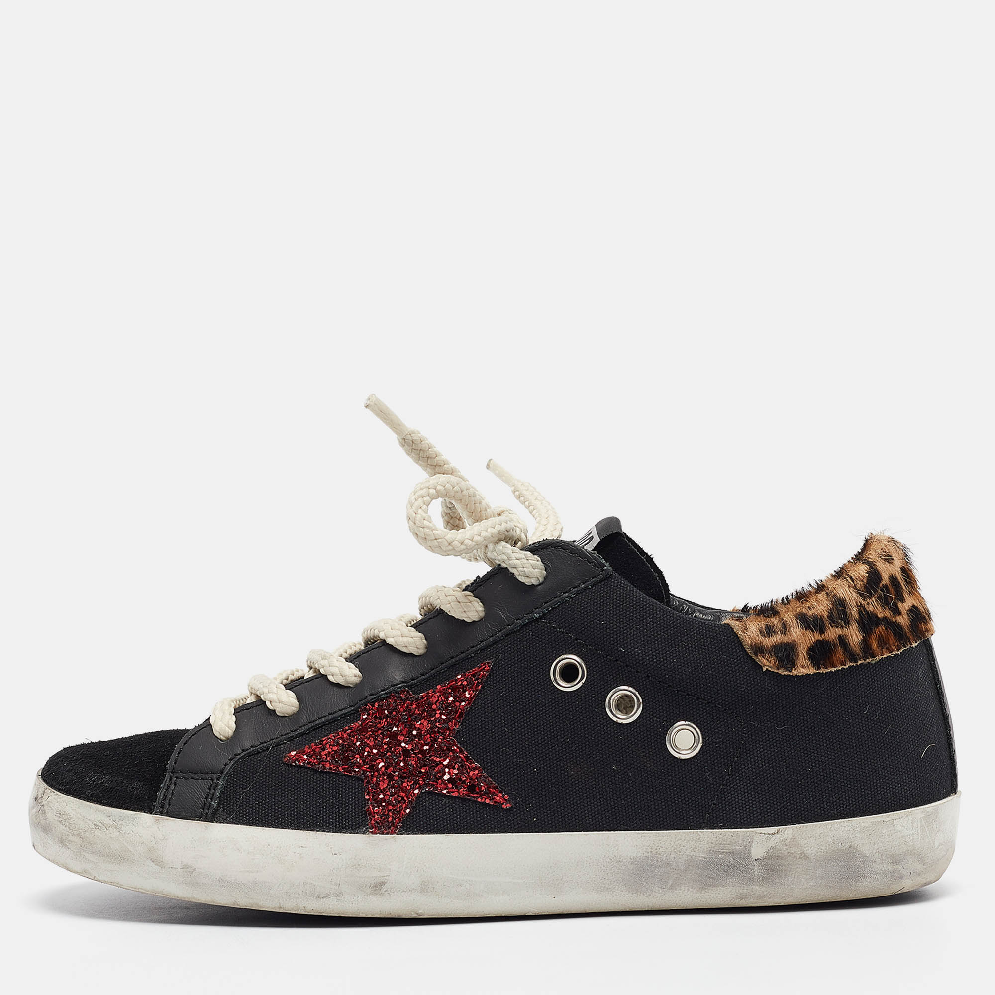 

Golden Goose Black Calf Hair and Canvas Super Star Lace Up Sneakers Size