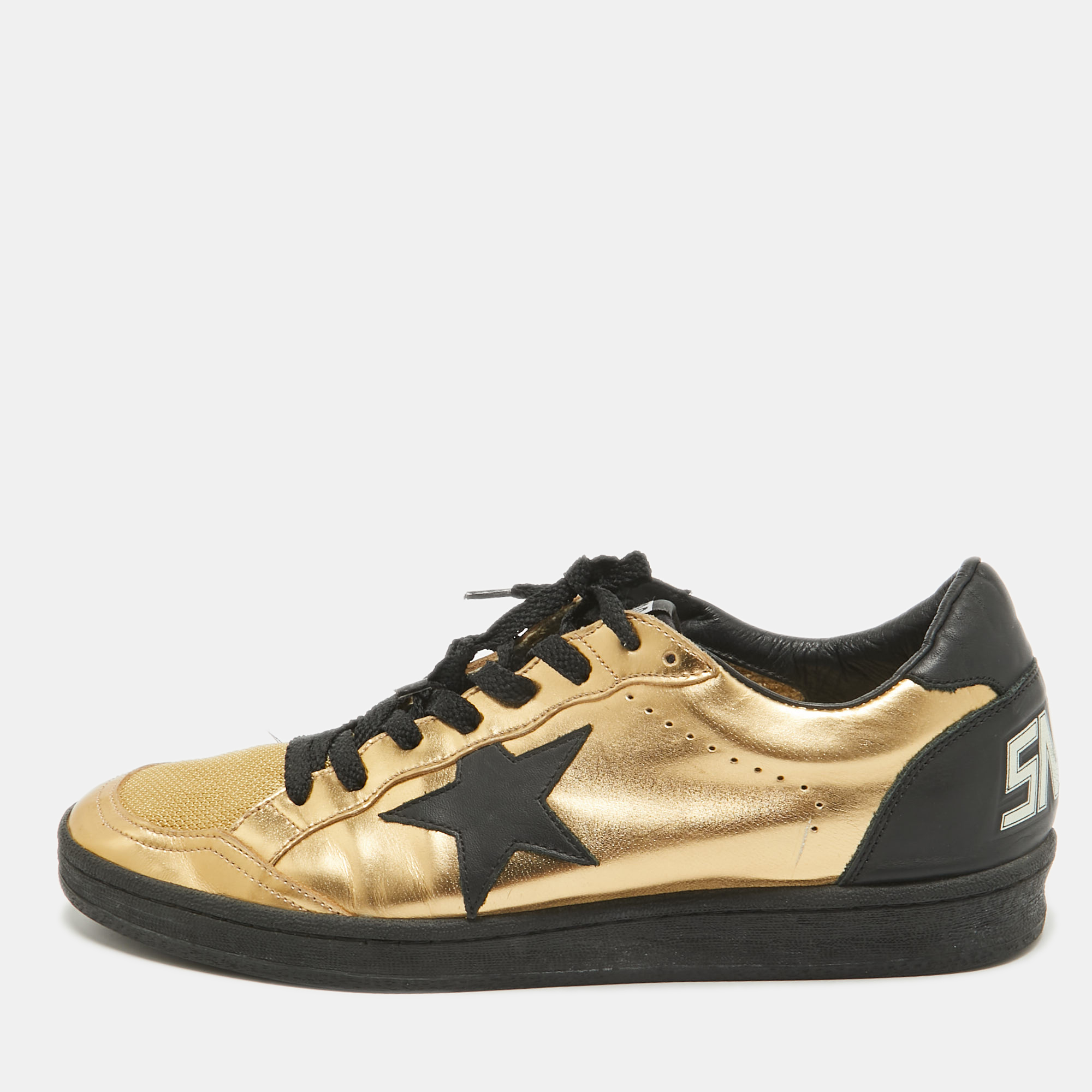 

Golden Goose Gold/Black Leather and Mesh Records Sneakers Size