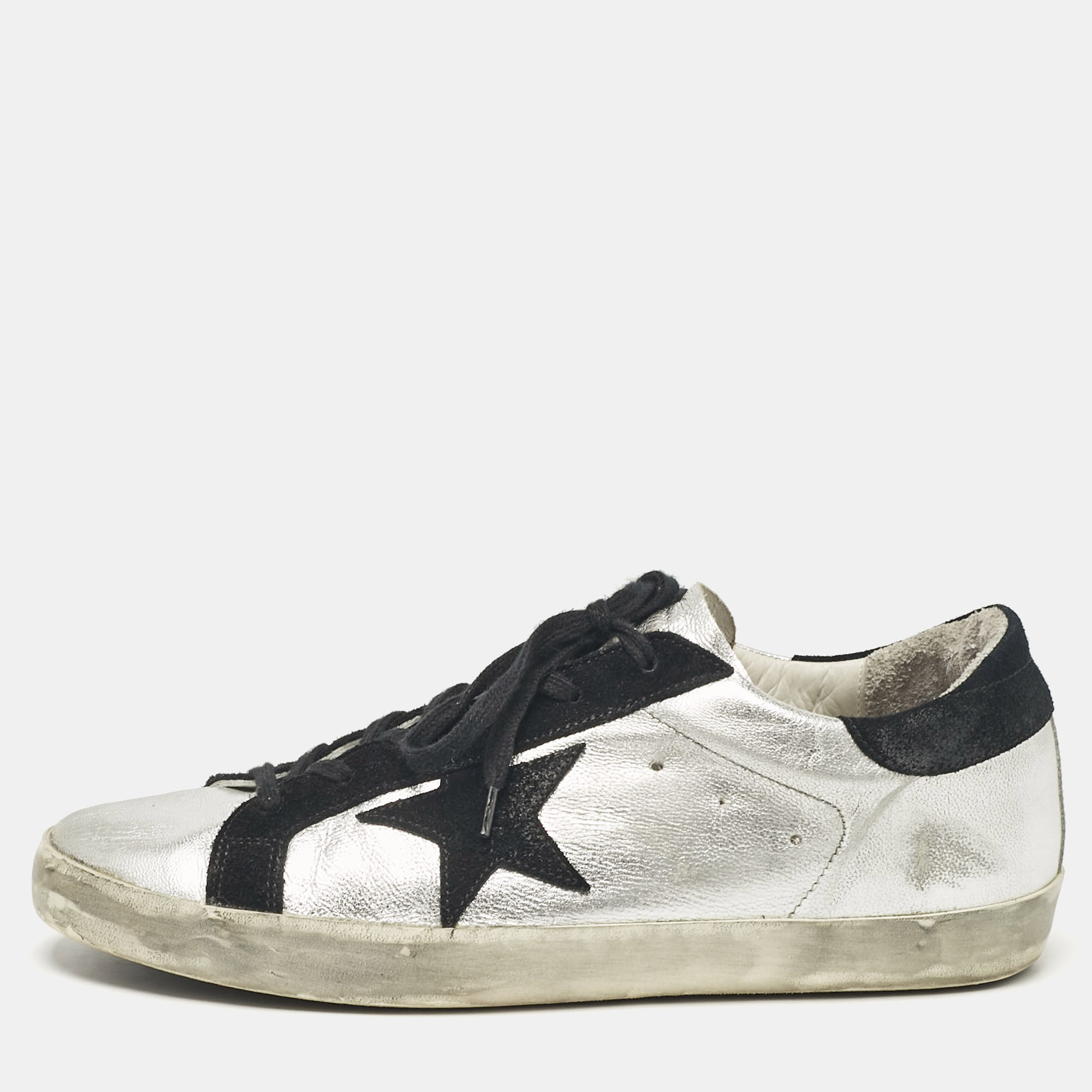 

Golden Goose Silver/Black Leather and Suede Superstar Lace Up Sneakers Size