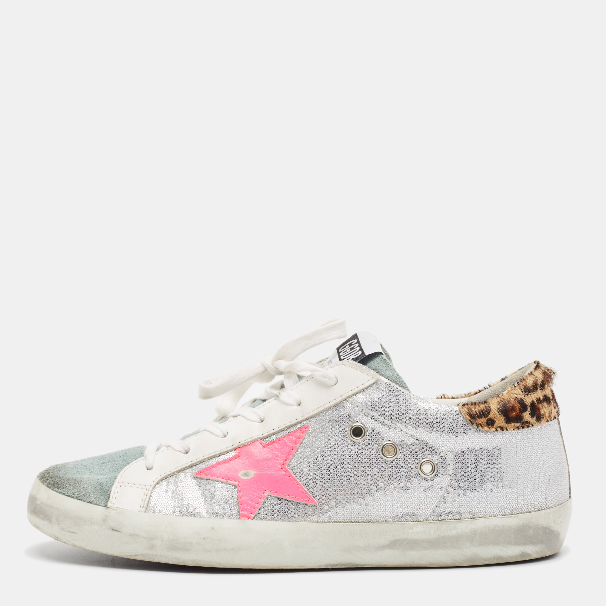 

Golden Goose White/Grey Leather and Sequins Superstar Low Top Sneakers Size