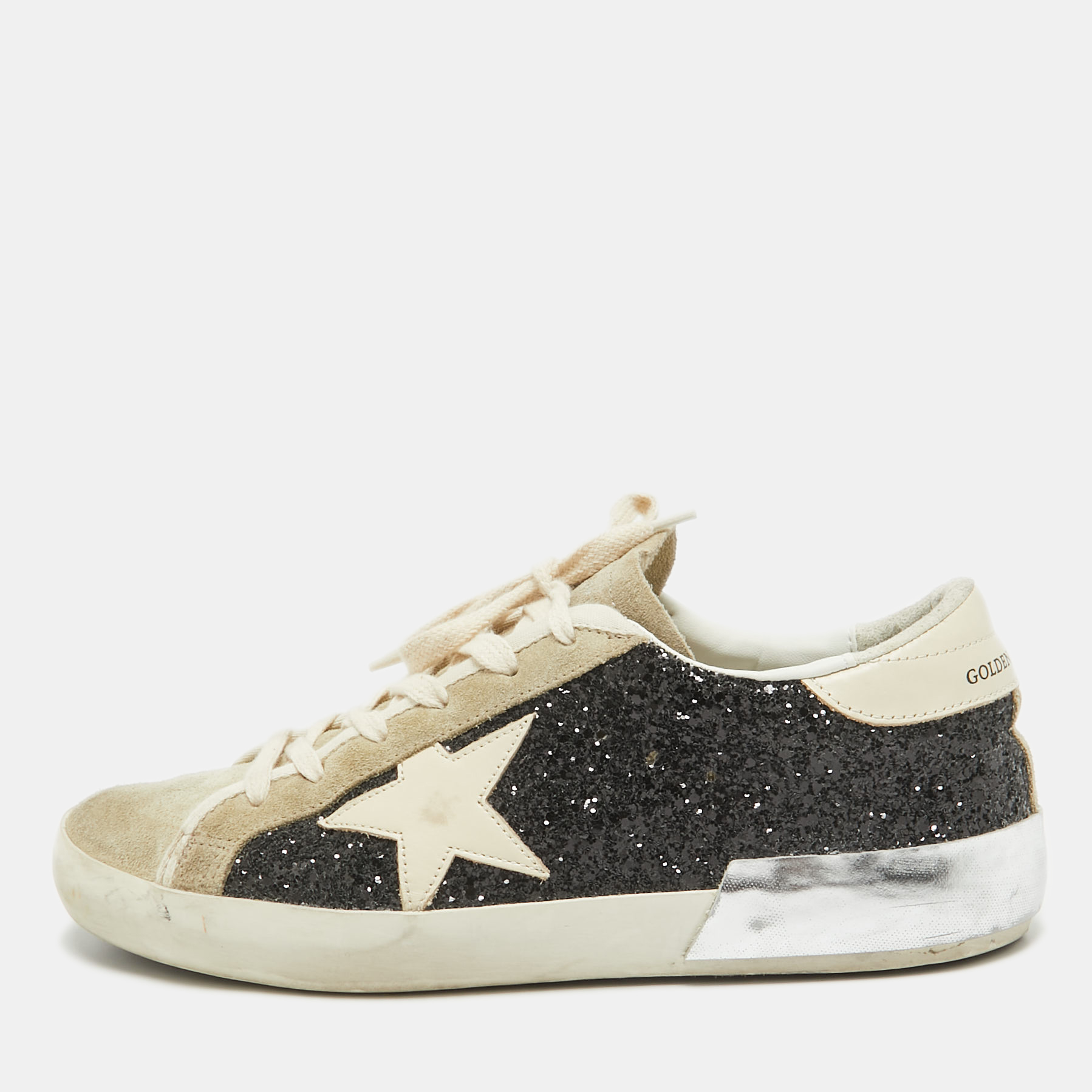 

Golden Goose Black Coarse Glitter and Suede Superstar Sneakers Size