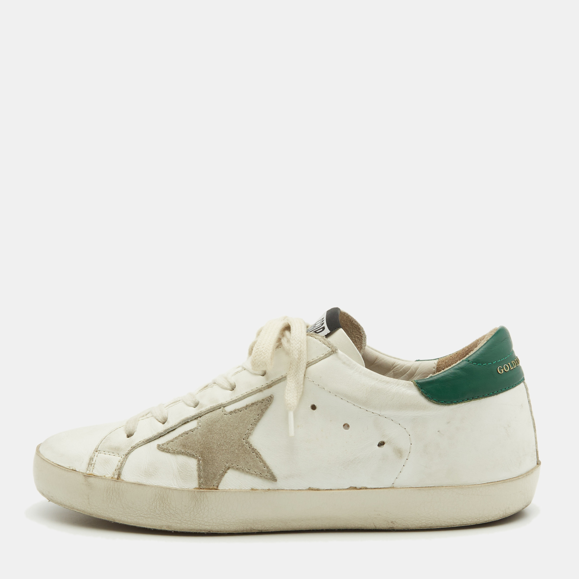 

Golden Goose White/Green Leather Super Star Lace Up Sneakers Size