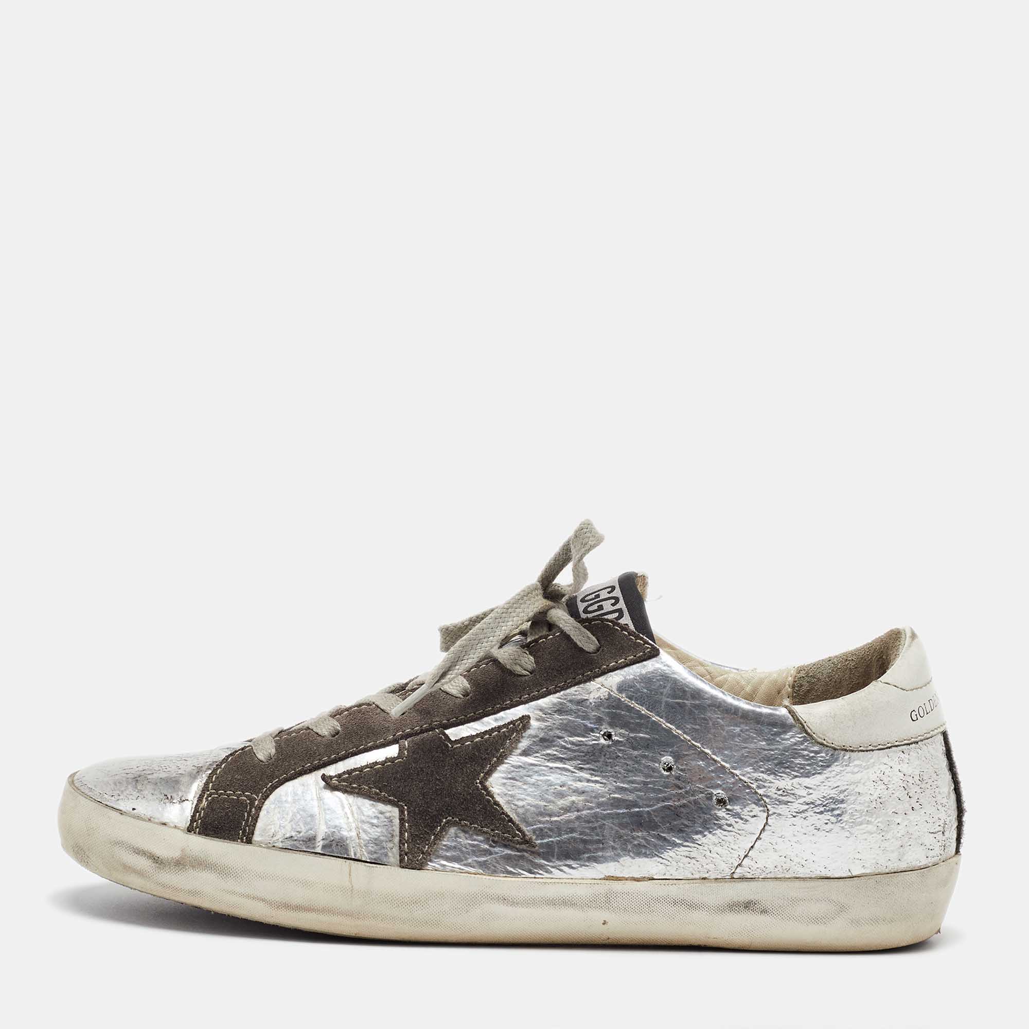 

Golden Goose Silver/Grey Leather and Suede Superstar Sneakers Size