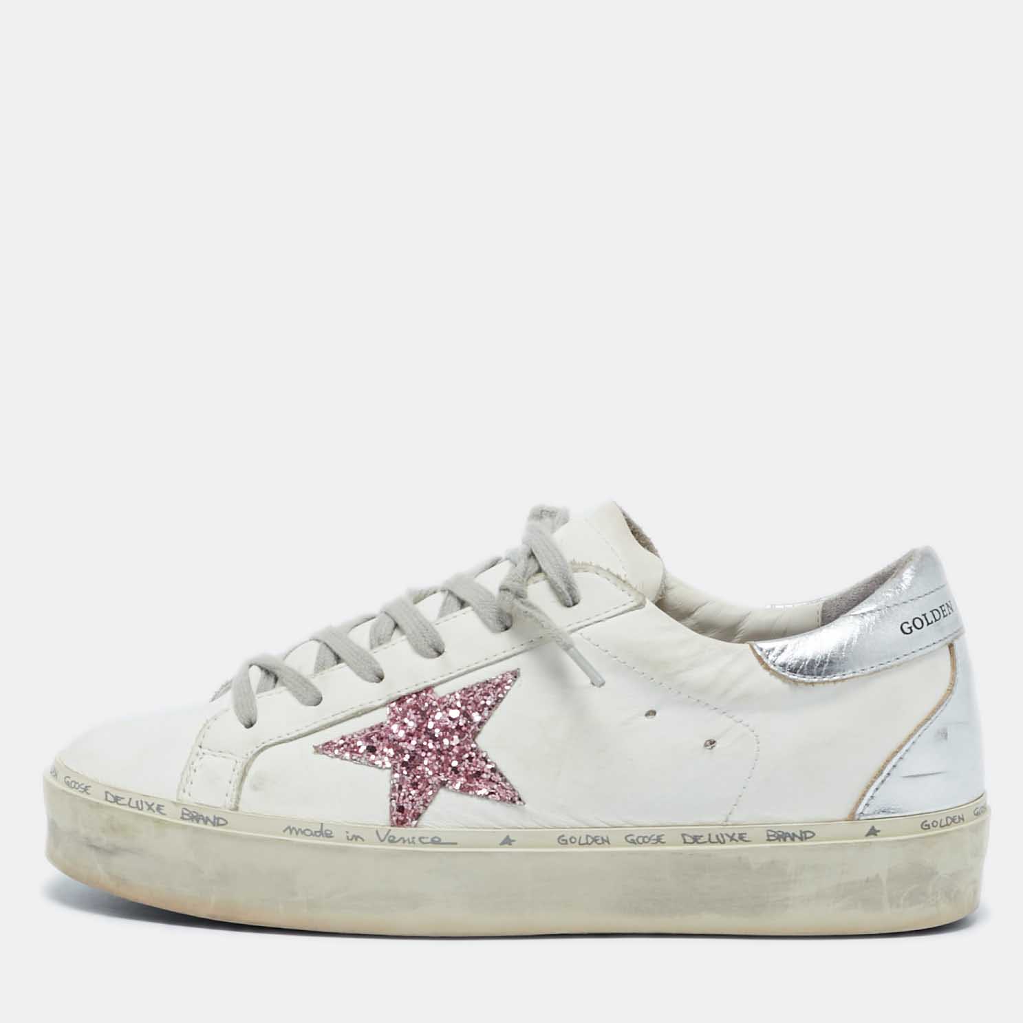 

Golden Goose White/Silver Leather Hi Star Sneakers Size